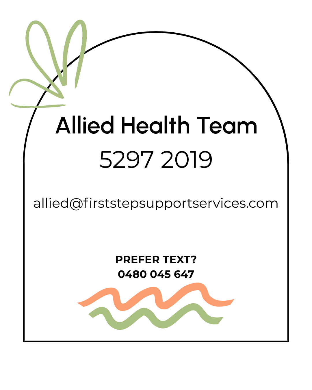 Business card for Allied Health Team with contact number, email, and decorative green leaves and wavy lines.