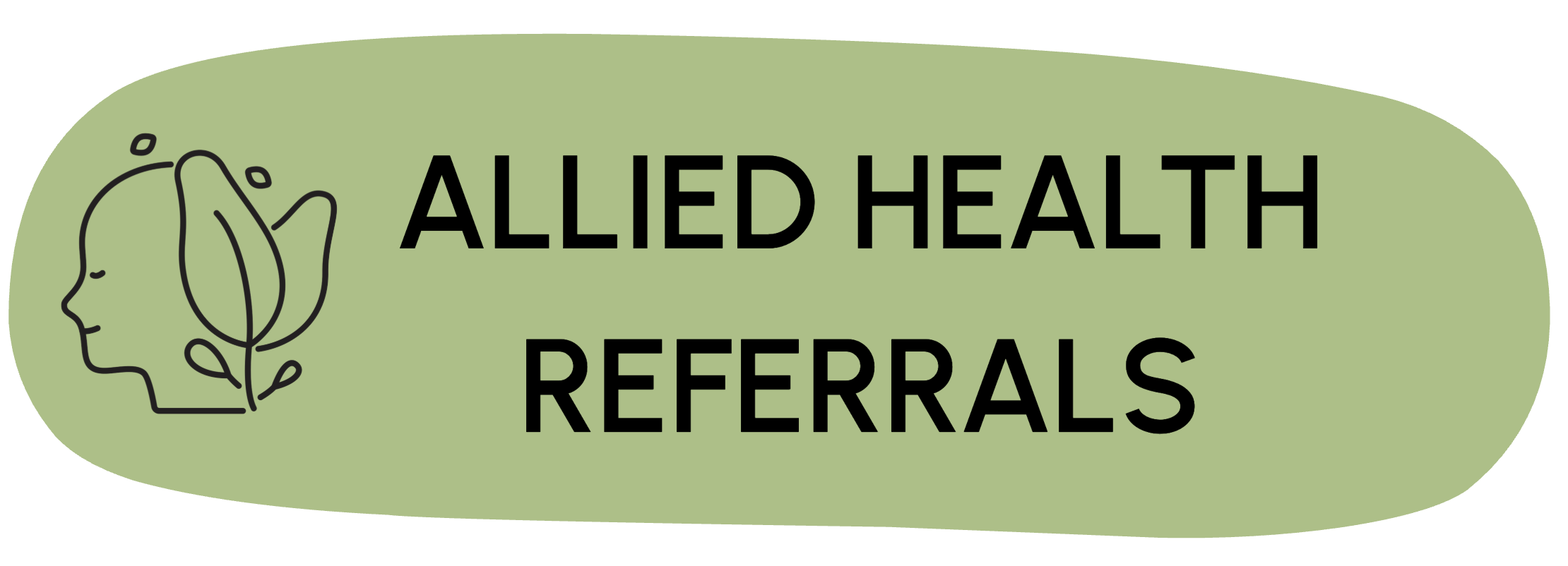 A graphic featuring a green oval background with the text 'Allied Health Referrals' in bold black letters and a simple line drawing of a person's profile with a leaf integrated into the design.