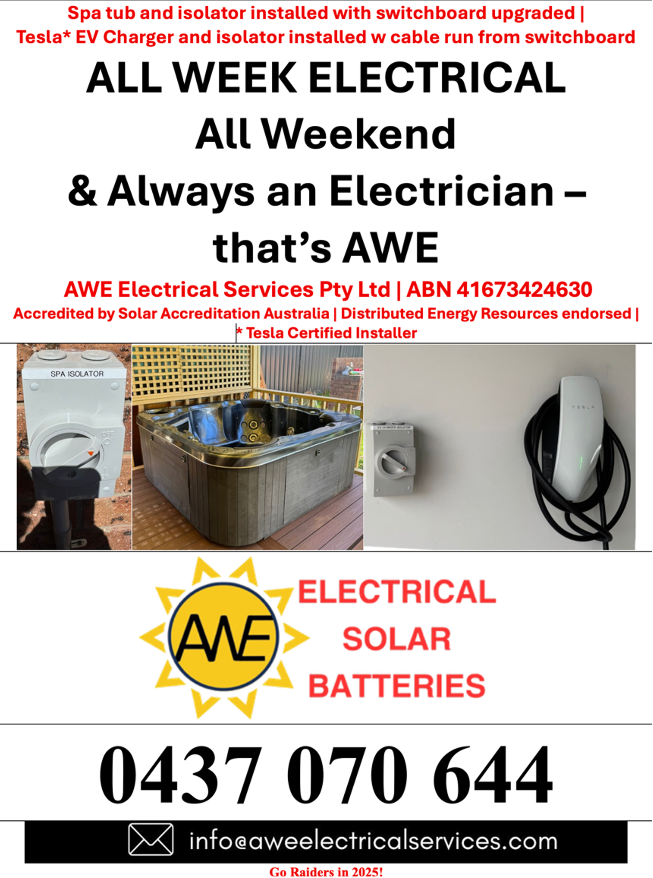 Spa installed, Tesla Wall Charger installed, what’s next up? Call AWE today!