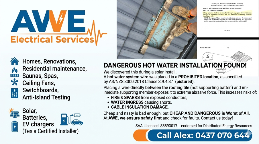 Exposed hot water system wiring installed in prohibited location between roofing tile and batten - Found and fixed by AWE Electrical Canberra.
