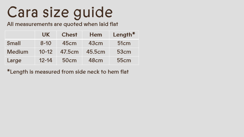 A size guide chart with measurements for small, medium, and large sizes, including chest, hem, and length in centimeters.
