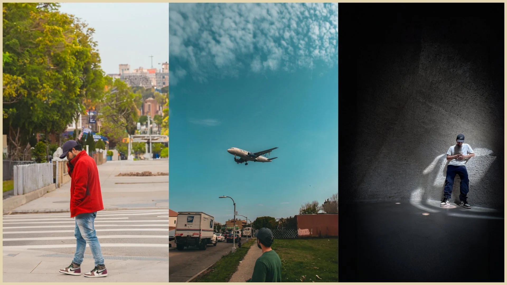 A collage of three images. The first shows a man in a red jacket and jeans crossing a street at a crosswalk, looking down. The second features an airplane flying in a blue sky with scattered clouds, with a person standing on the sidewalk watching. The third depicts a man in casual clothes and a cap standing in a dark, minimalist room with textured walls, illuminated by a spotlight from above, looking at his phone.