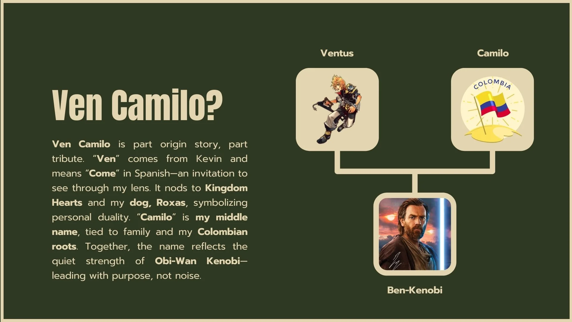 An infographic explaining the origins of the name 'Camilo,' featuring a stylized character from Kingdom Hearts, a Colombian flag, and a photo of Obi-Wan Kenobi, with text describing the name's significance and roots in family and culture.