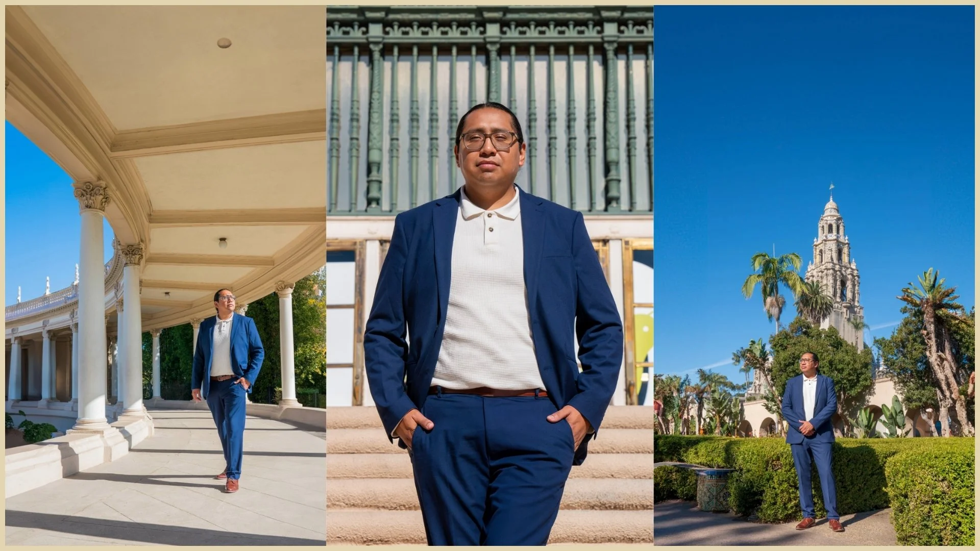 A man in a blue suit and white shirt posing outdoors in front of different architectural backgrounds, including a colonnade, a staircase with a green railing, and a tower with palm trees and blue sky.