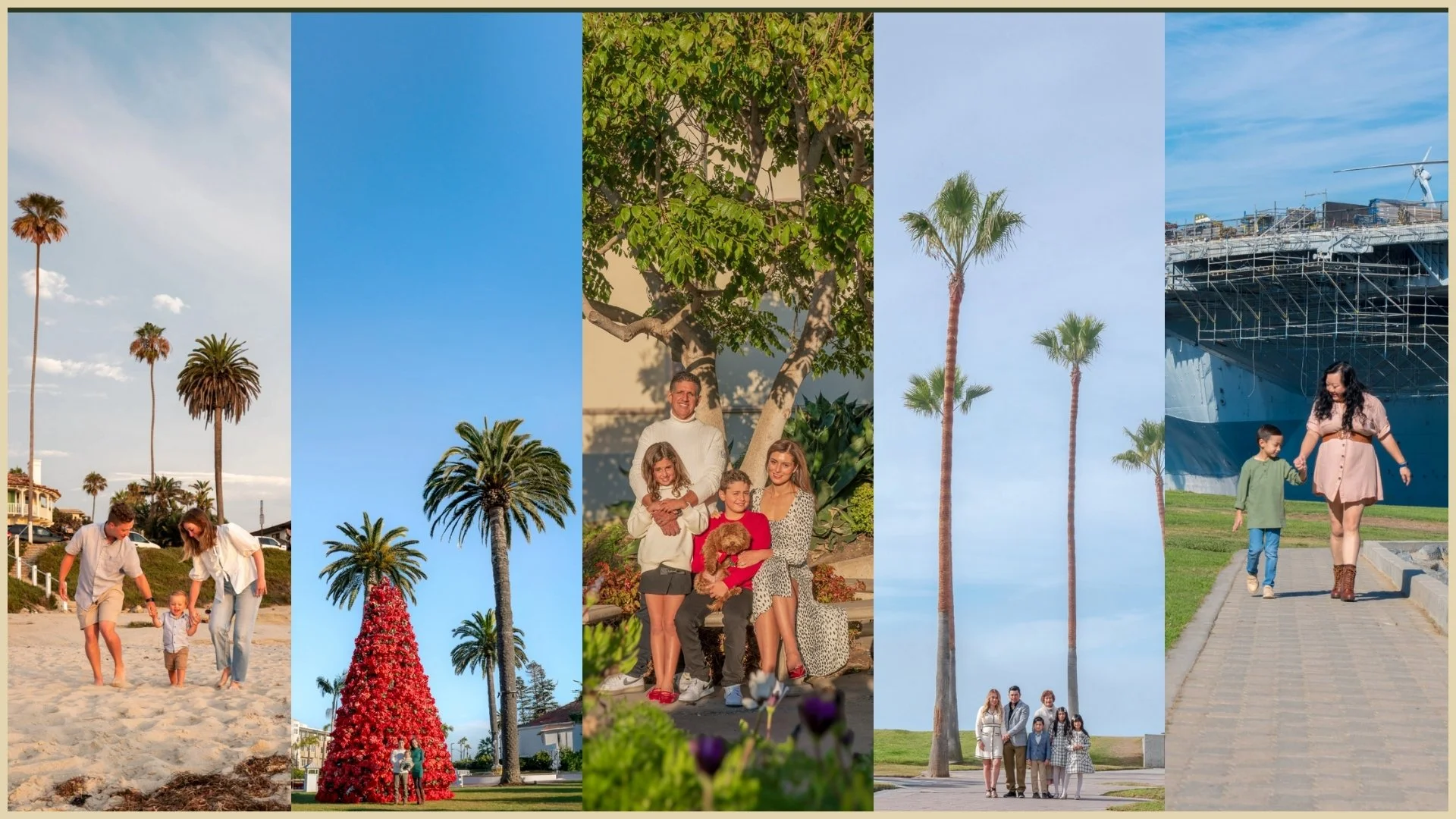 Collage of outdoor scenes with families, palm trees, and a ship under construction.