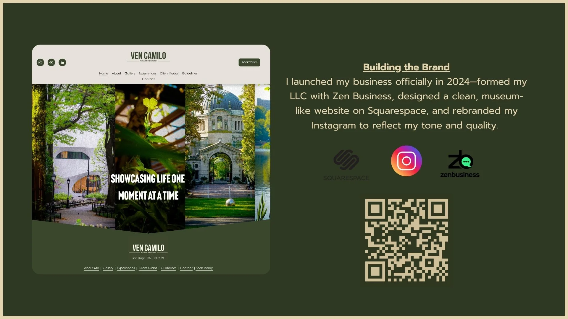 A website screenshot for Ven Camilo featuring a green background, a preview of the website design, and a QR code, with text describing the business launch and branding efforts.