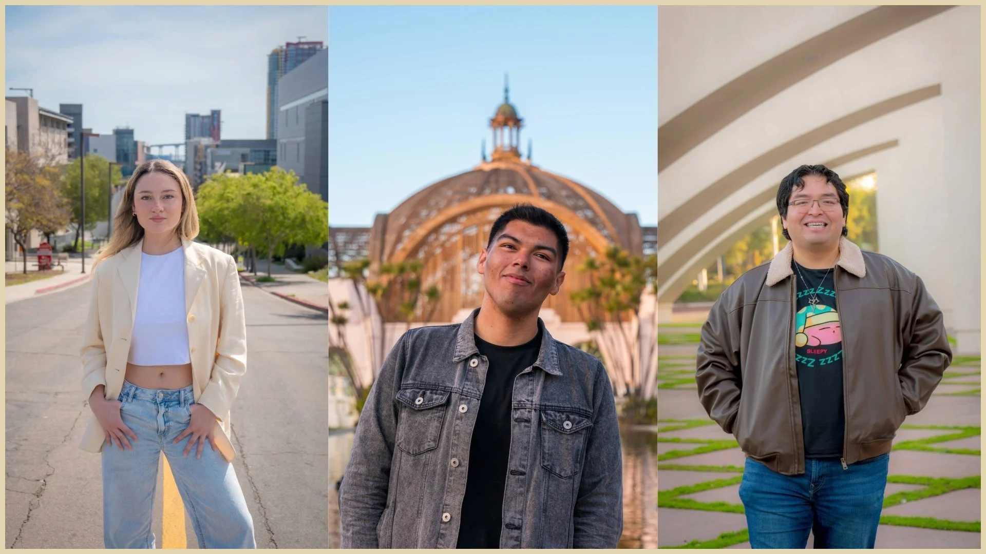 Three people standing outdoors in different urban locations during daytime