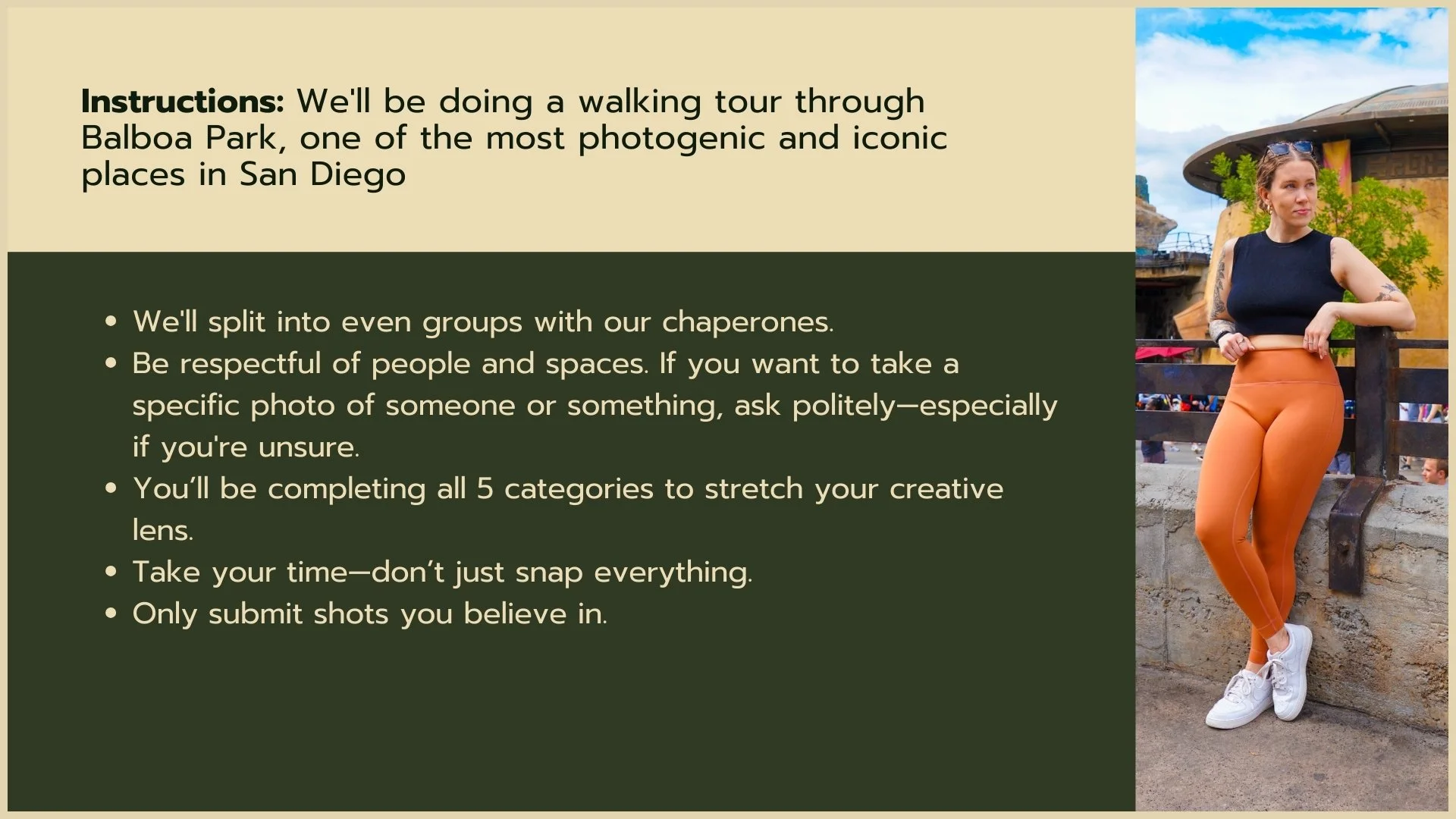 Instruction sign with walking tour guidelines next to a woman leaning on a railing in Balboa Park, San Diego. The sign provides guidelines for respectful behavior, photo-taking practices, and photo submission rules.