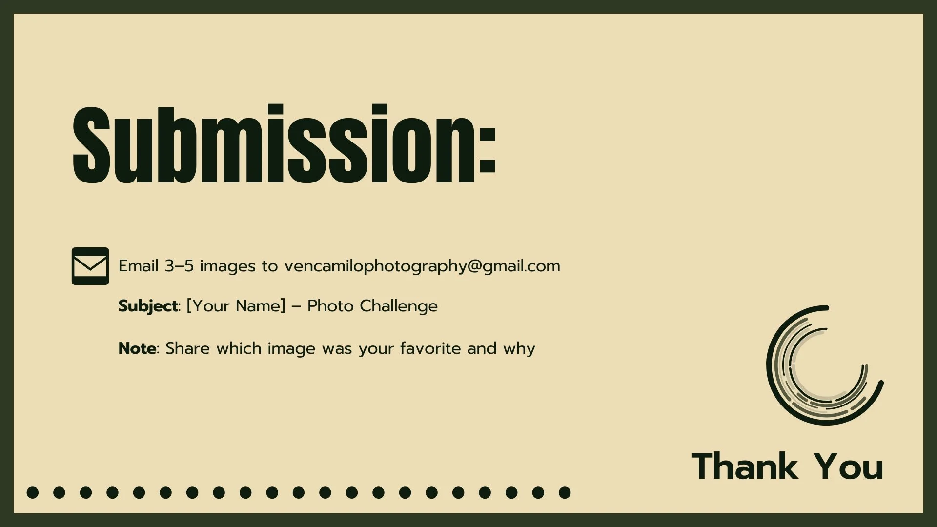 A submission invitation for a photo challenge requests emails of 3-5 images with a subject and note, and a thank you message with a circular logo.