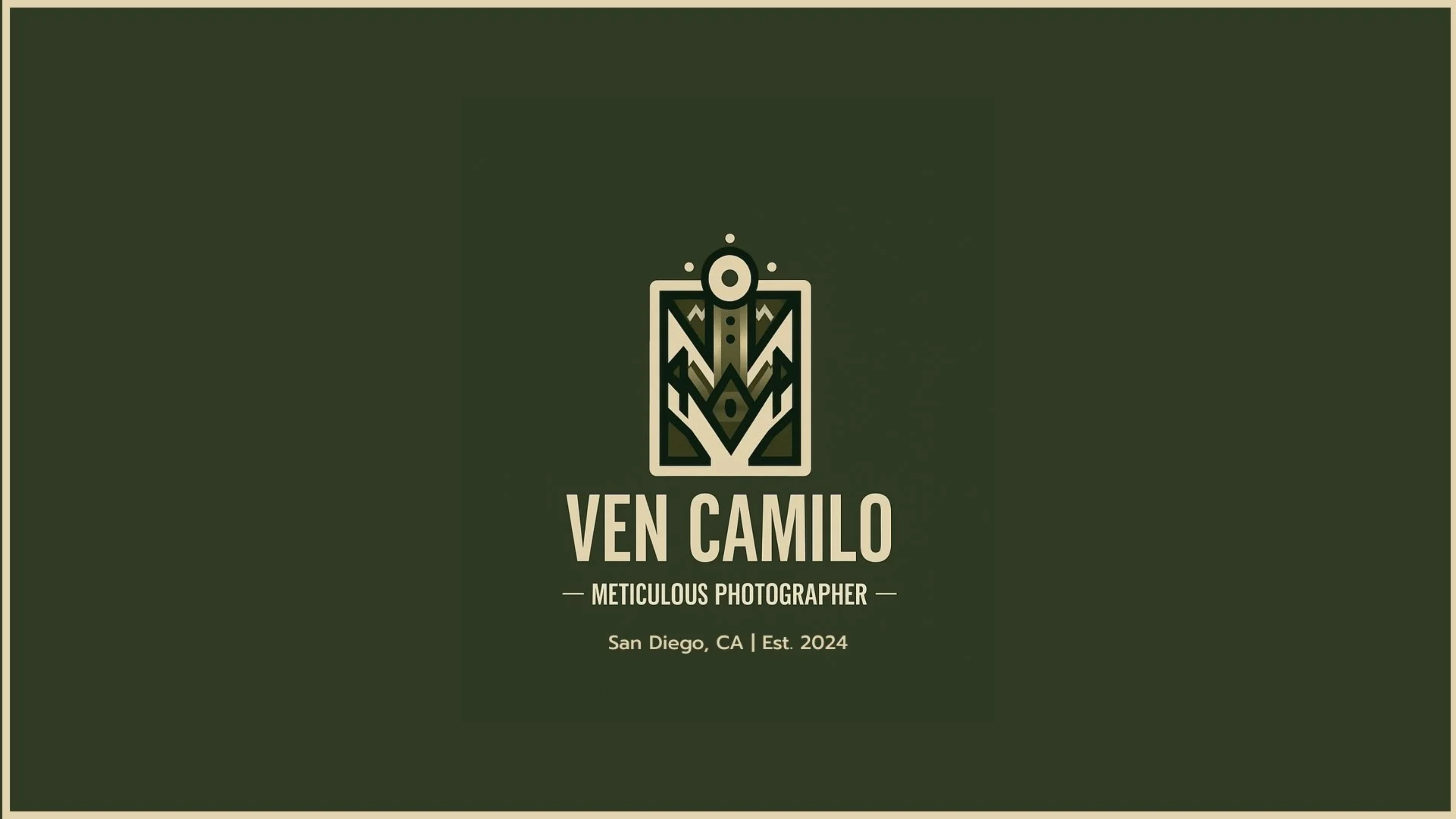 Dark green background with a stylized geometric logo and text. The logo resembles a camera or eye within a square, with decorative patterns. Below, the text reads "Ven Camilo," "Meticulous Photographer," "San Diego, CA," and "Est. 2024."