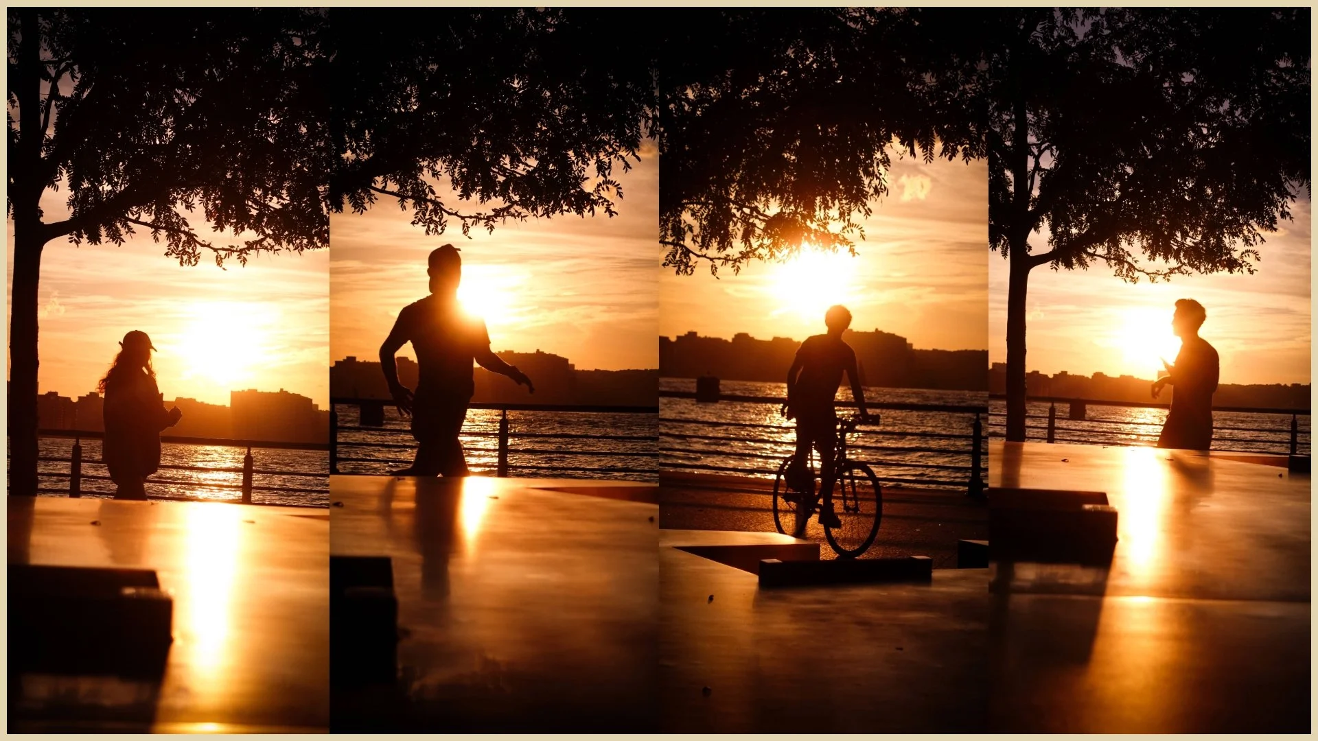 Silhouettes of people near a body of water at sunset, including a woman walking, a person running, and someone on a bicycle, with trees and city buildings in the background.