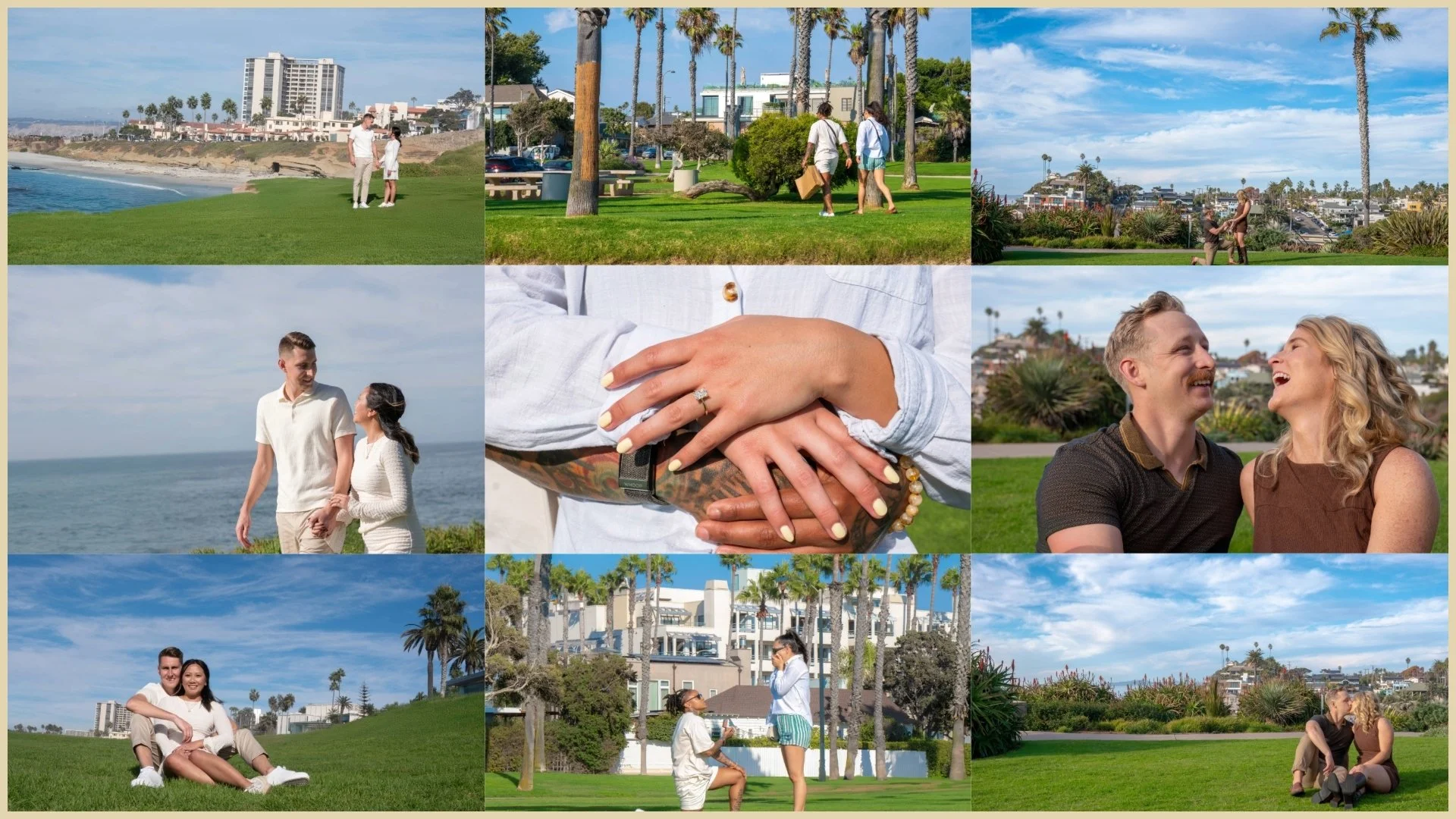 A collage of nine images showcasing various scenes at a park near the coast, including couples walking, sitting, hugging, and laughing, with palm trees, buildings, and blue skies in the background.
