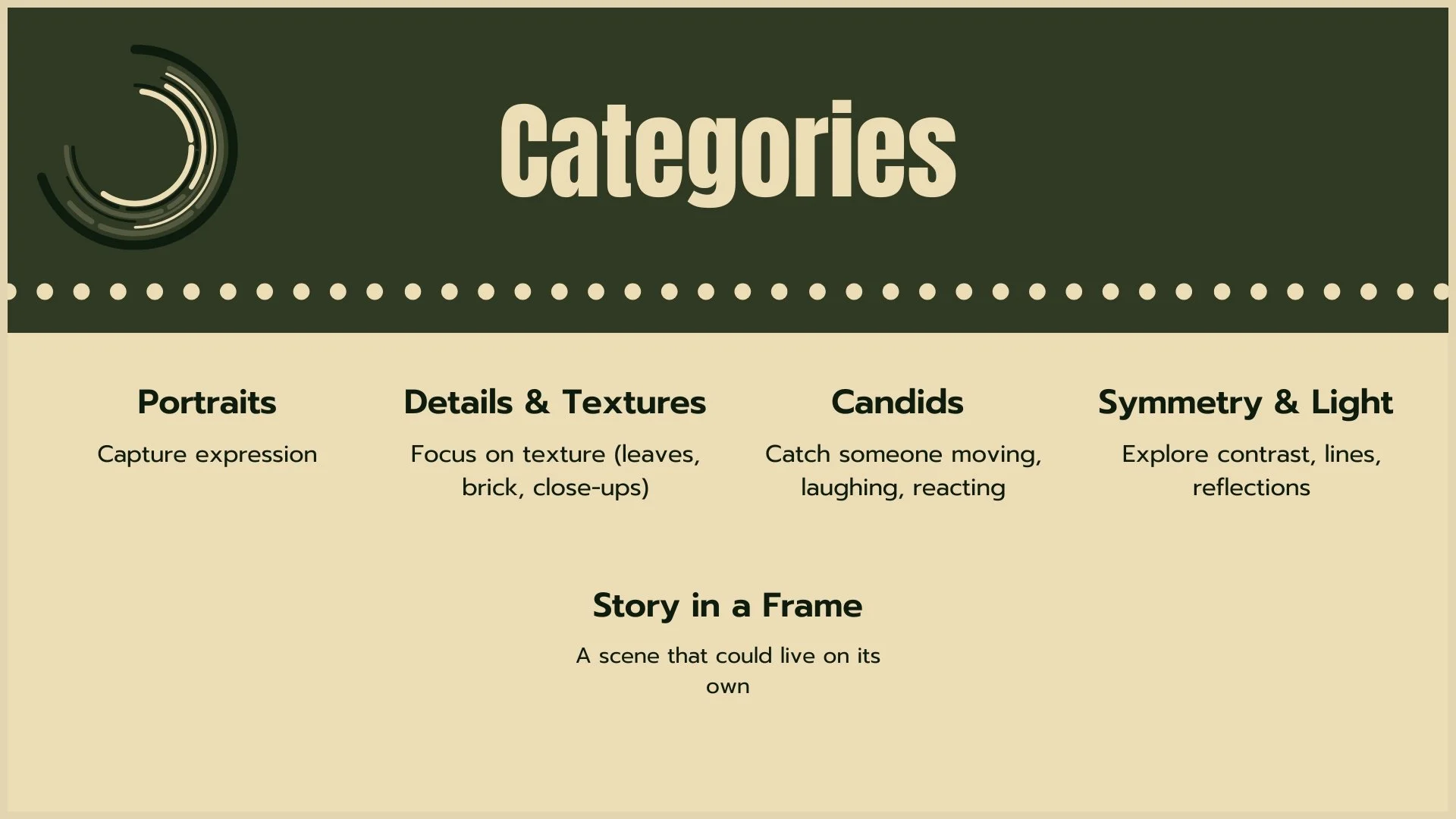 Categories infographic with sections on Portraits, Details & Textures, Candids, Symmetry & Light, and Story in a Frame.
