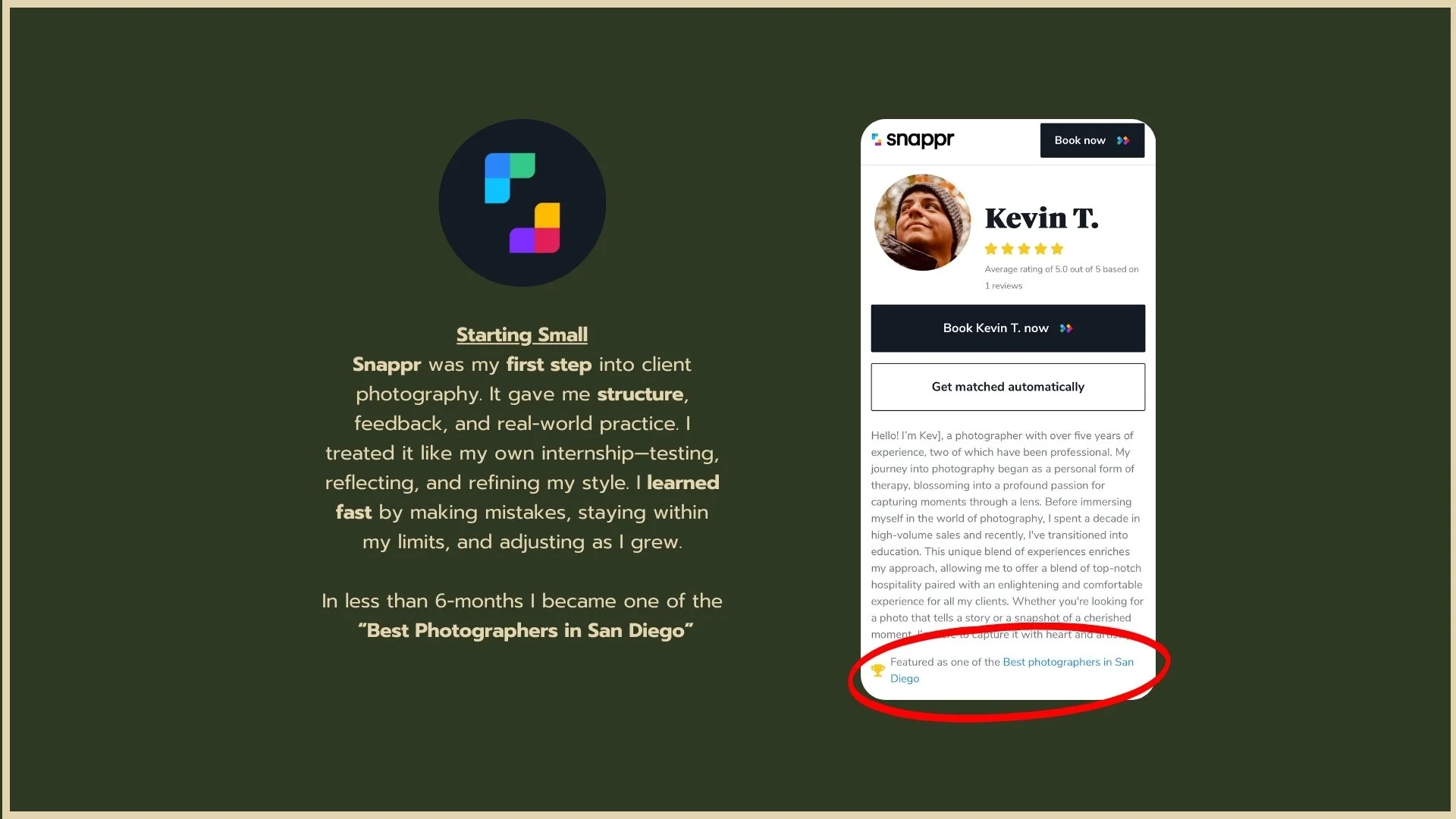 A webpage featuring a review of photographer Kevin T., with a profile picture, star rating, and booking button. The page highlights Kevin's experience, style, and recognition as one of the best photographers in San Diego, with a highlighted text mentioning "Featured as one of the Best photographers in San Diego".
