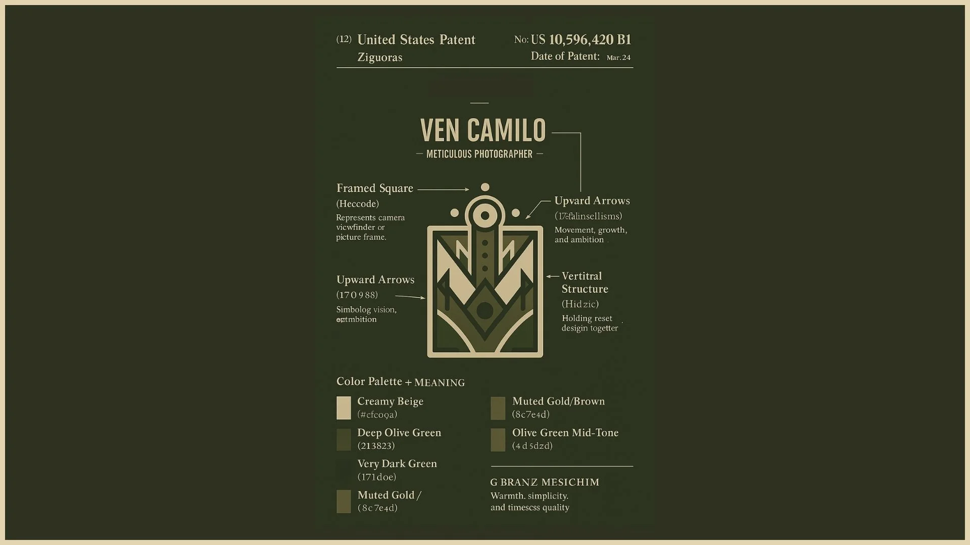 An infographic-style diagram explaining the symbolism of a logo design called 'Ven Camilo,' curated by meticulous photographer Ven Camilo, featuring various elements like a framed square, upward arrows, and a vertical structure, with details on color palette and meanings, including tones like creamy beige, deep olive green, very dark green, muted gold, and olive green mid-tone.