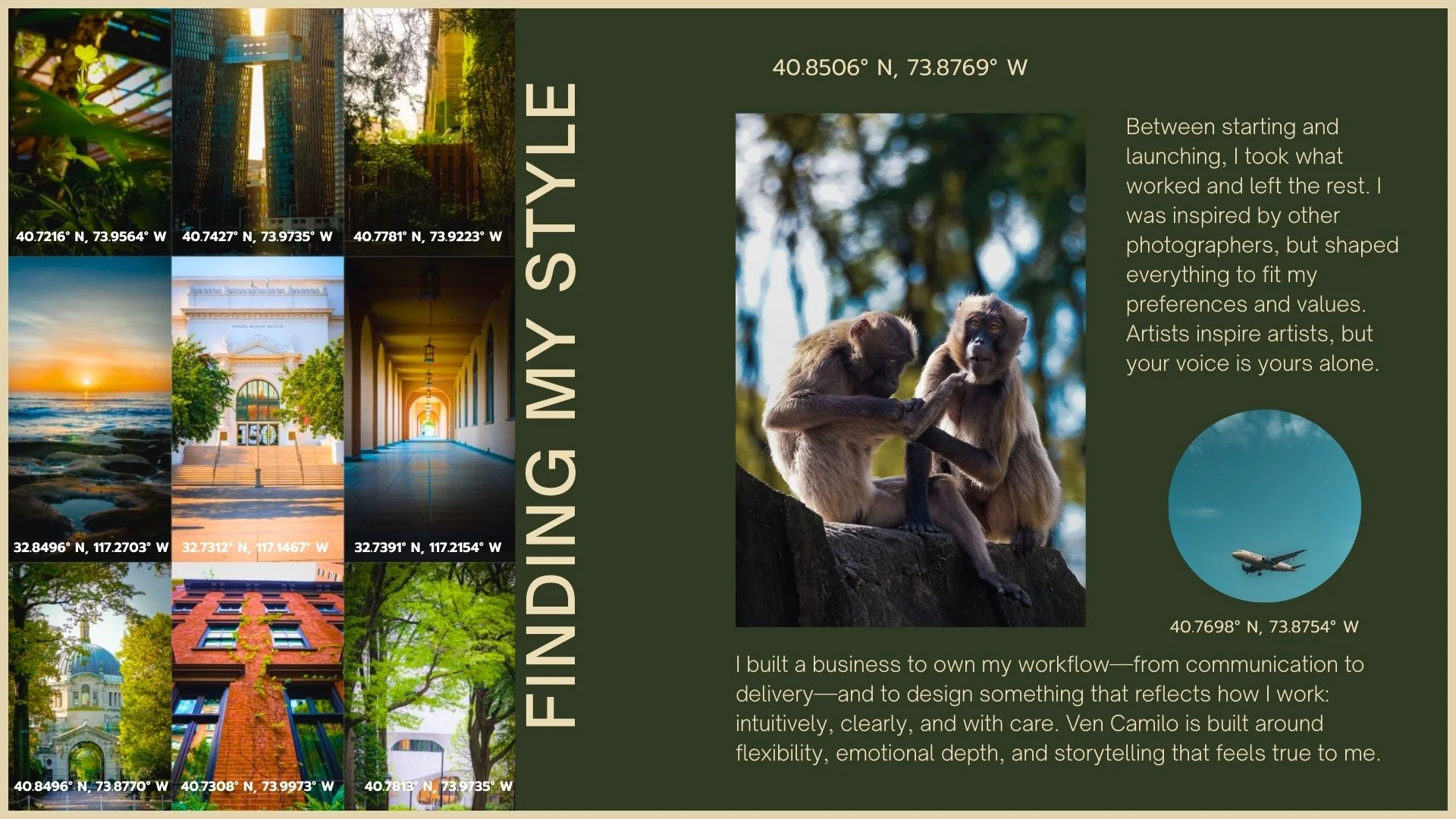 Collage of photos including cityscapes, architecture, nature, a sunset over water, and an airplane in the sky. Text mentioning coordinates, design style, and personal reflection on photography and workflow.