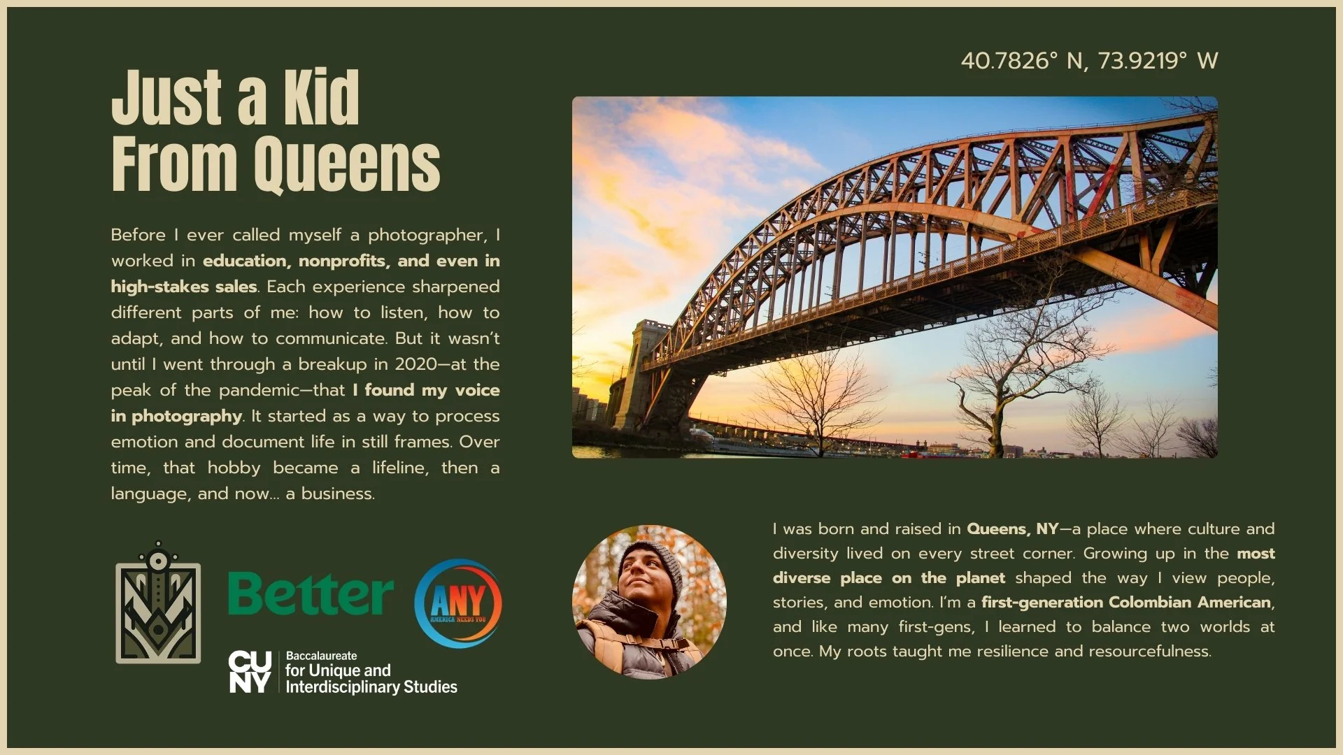 A poster titled 'Just a Kid From Queens' with a photograph of a bridge at sunset and a portrait of a woman. The poster includes text about Queens, New York, and the woman's background, with logos at the bottom.