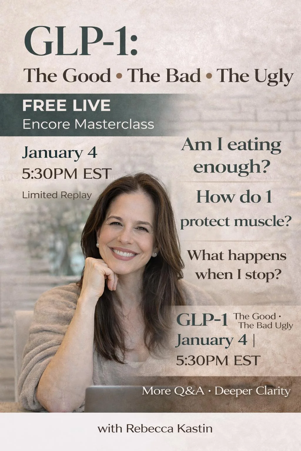 On a GLP-1? Considering it? Or tried it and didn&rsquo;t have a great experience?

Am I eating enough?
How do I protect muscle?
What happens when I stop?

These are the questions that led me to teach this again.

Join me for a FREE live encore master