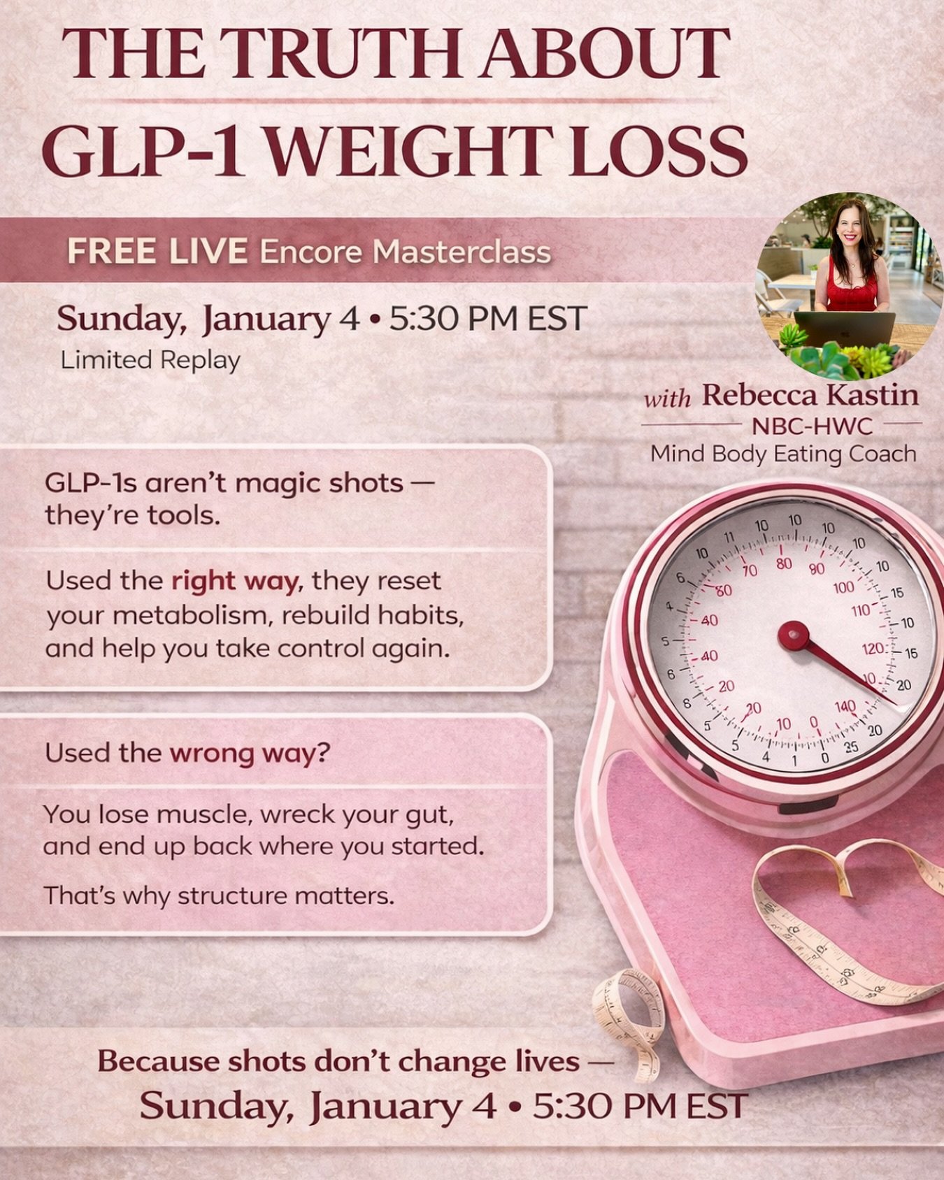 Here&rsquo;s the truth no one is saying out loud:

You can lose weight on a GLP-1
&hellip;and still damage your metabolism.

Muscle loss.
Nutrient depletion.
Weight regain.

It doesn&rsquo;t have to be that way.

In this FREE Live Encore Masterclass,