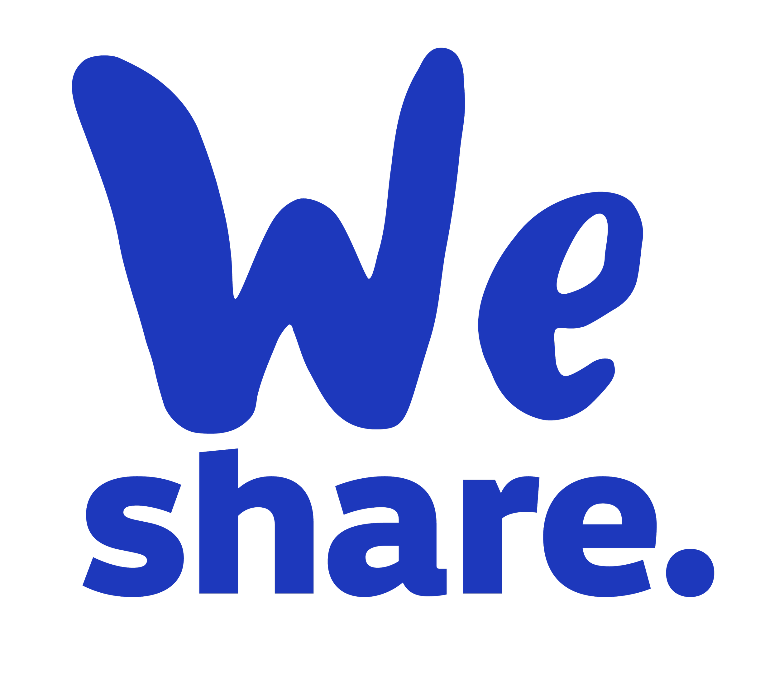 Das Bild zeigt die Worte 'we share' in großen blauen Buchstaben auf schwarzem Hintergrund.