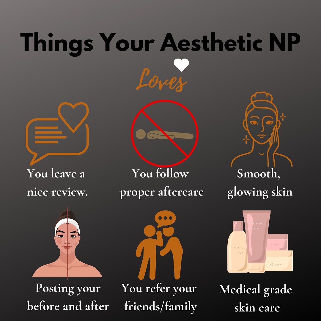 ⸻

Things Your Aesthetic NP Loves 💉💕 Can&rsquo;t leave these out!

✨ Educated clients who care about long-term skin health
💬 Honest convos about goals + concerns
📆 Clients who plan ahead for events (you get it!)
📸 Your glowing post-treatment sel