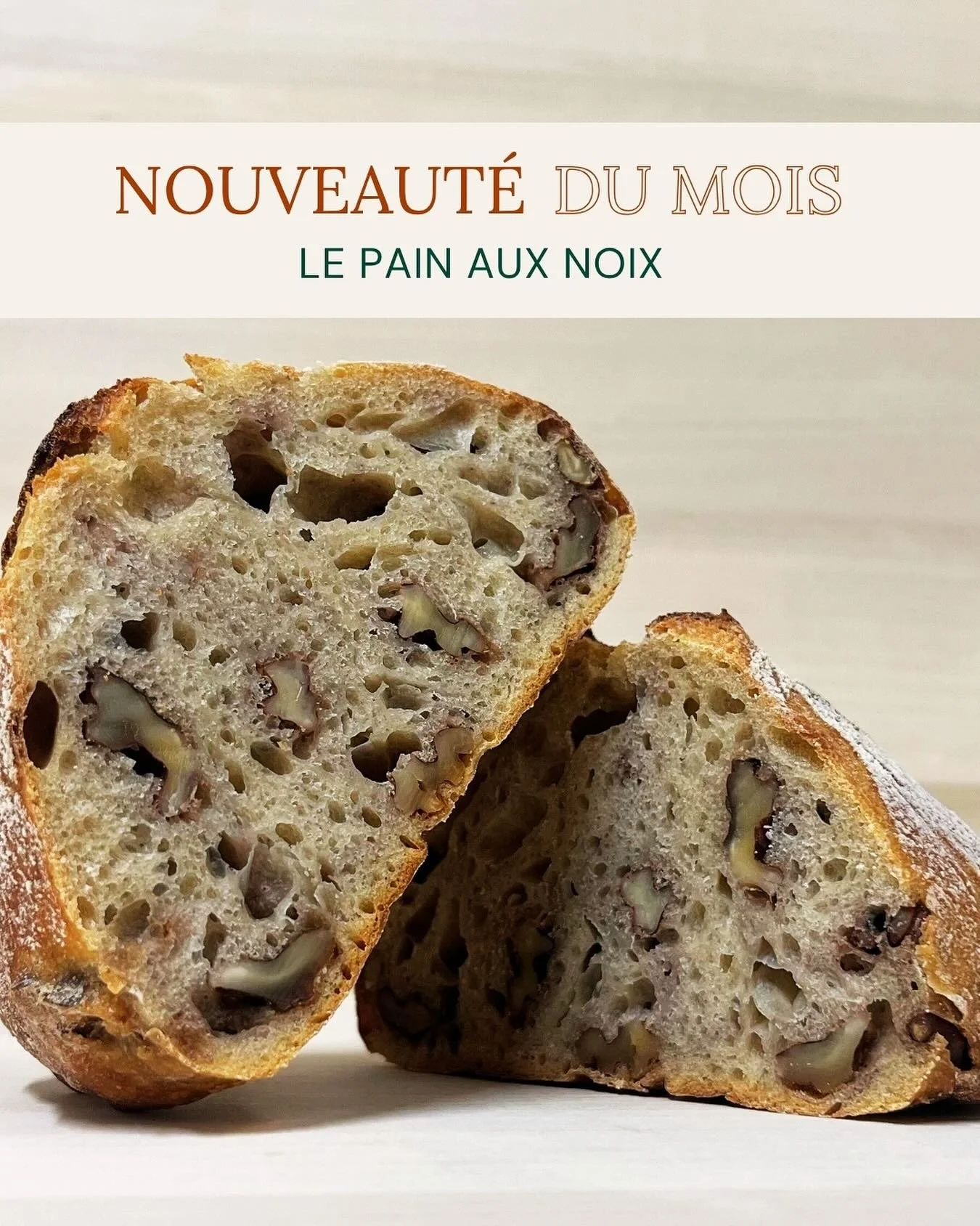 Pain du moment : le pain aux noix 

L&eacute;g&egrave;rement sucr&eacute;, un brin rustique, parfait avec un fromage affin&eacute;, de la confiture ou tout simplement nature.

Venez le d&eacute;couvrir au plus vite dans votre boulangerie ! 🥖 

#Boul