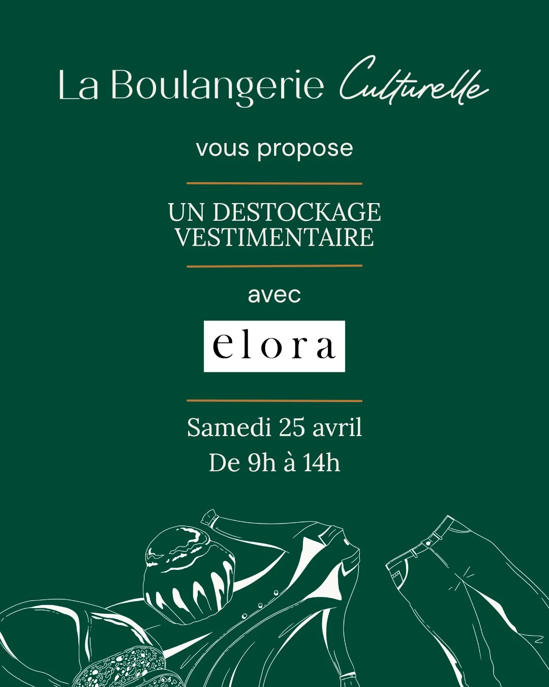 ✨ Venez donner une seconde chance aux invendus de la marque Elora !

📅 Samedi 25 avril
⏰ De 9h &agrave; 14h
📍 &Agrave; Saint-Marcel

Soutenez Daphn&eacute;e, qui vient de s&rsquo;installer 💛

C&rsquo;est aussi l&rsquo;occasion d&rsquo;essayer un n