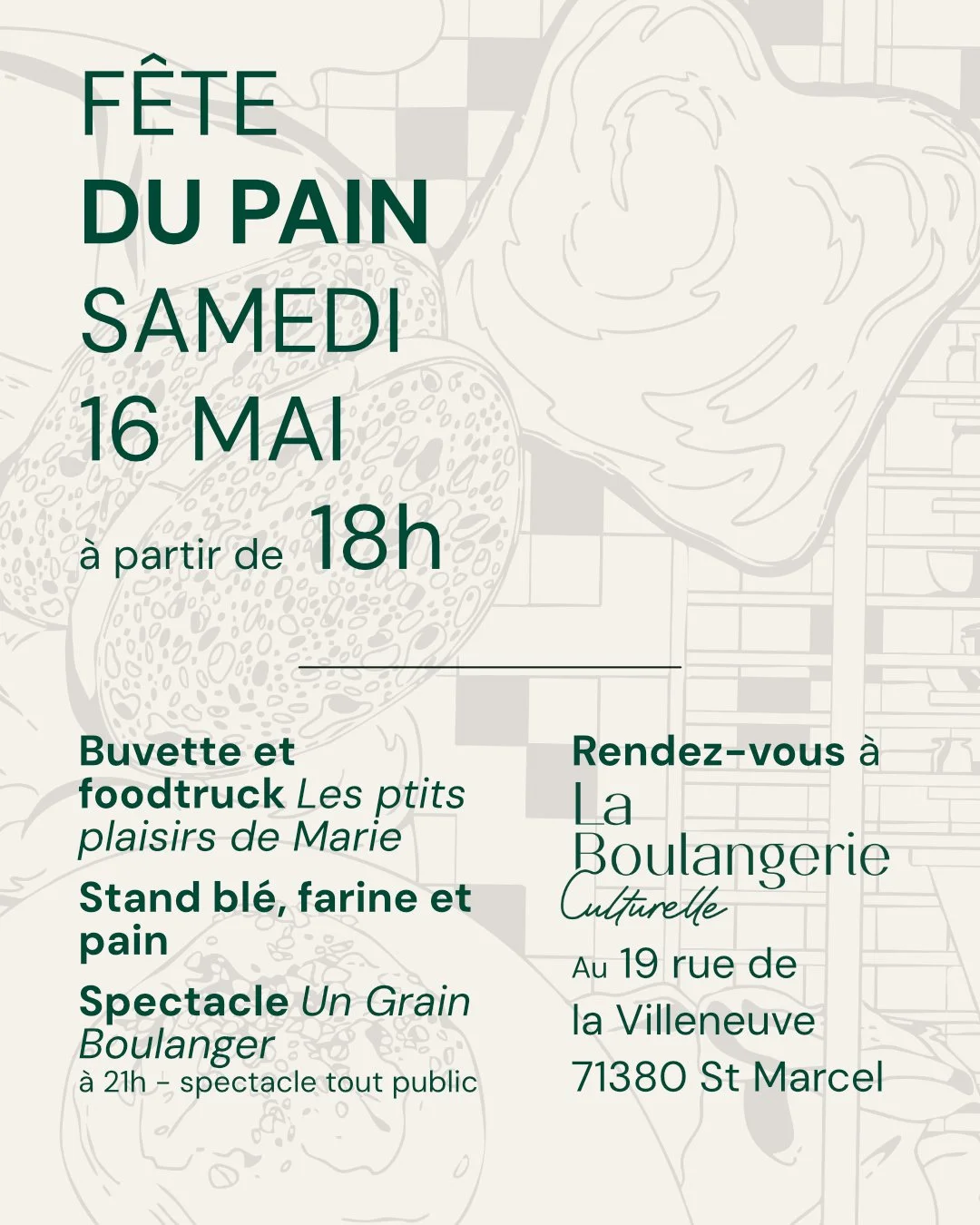 &Agrave; l&rsquo;occasion des 30 ans de la f&ecirc;te du pain, nous vous invitons &agrave; passer un moment convivial dans la cour de la Boulangerie Culturelle ! R&eacute;servez votre soir&eacute;e du 16 mai.

Buvette, food truck, spectacle (tout pub