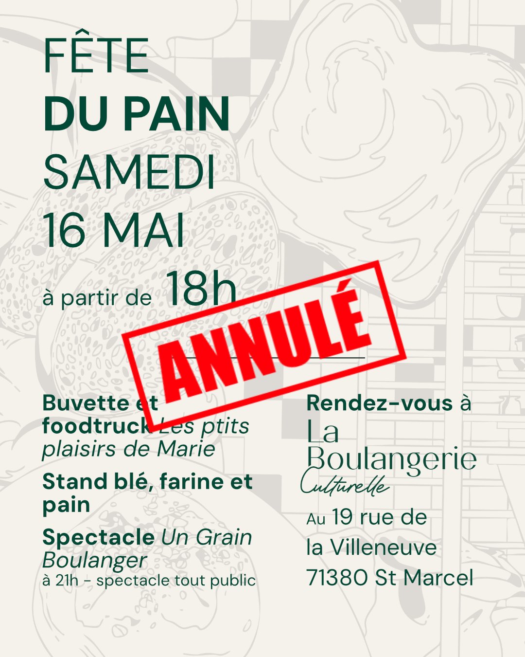 🛑🛑🛑Malheureusement, nous annulons la f&ecirc;te du pain pr&eacute;vue ce samedi. Le mauvais temps ne nous permettra pas de la faire dans de bonnes conditions. 
Nos un an approche, ce sera l'occasion de faire la f&ecirc;te ensemble ! 

A tr&egrave;