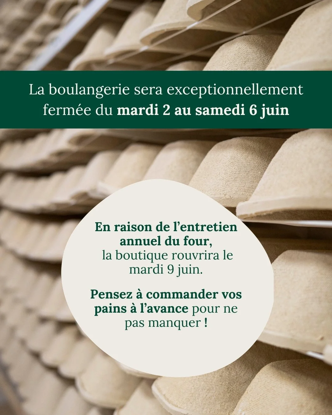 📍 Fermeture exceptionnelle
du mardi 2 au samedi 6 juin inclus.

Notre four prend quelques jours de repos pour son entretien annuel 🔧🔥
R&eacute;ouverture le mardi 9 juin.

Pensez &agrave; r&eacute;server vos pains &agrave; l&rsquo;avance !

#Boulan
