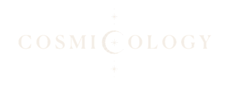 Cosmology logo with a crescent moon, stars, and decorative elements.