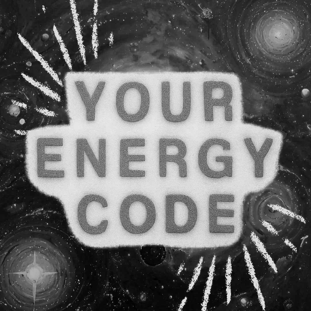 Graffiti on a wall with the words "YOUR ENERGY CODE" spray-painted in capital letters, surrounded by starburst designs and images of galaxies and stars.
