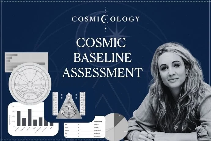 Cover slide of a presentation titled 'Cosmology Cosmic Baseline Assessment' featuring a woman with long wavy hair, various astronomy and data charts, and a dark blue background with stars and a crescent moon.