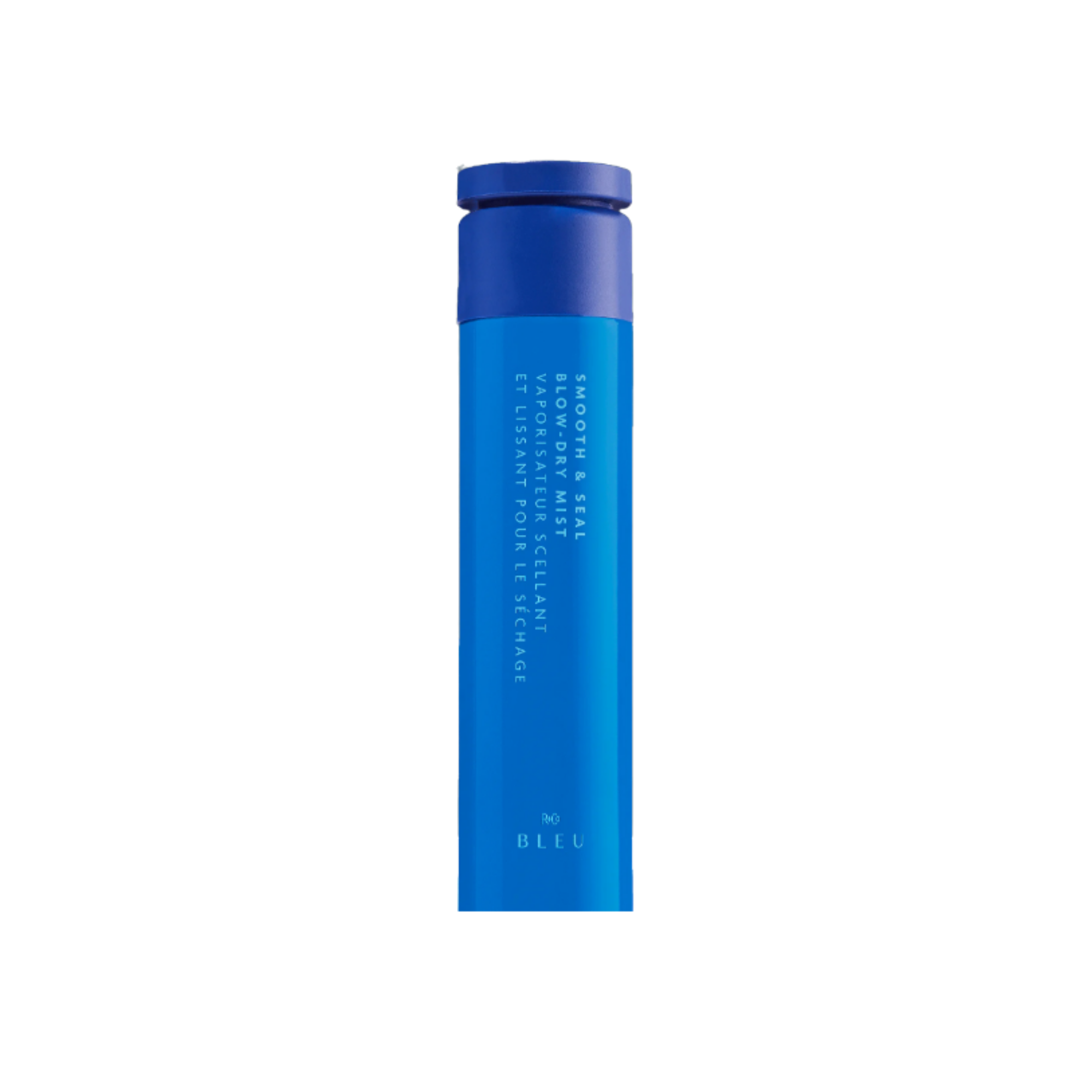 A cylindrical blue container with a matching blue cap, labeled with French text describing a sea salt and seabed mist vaporizer.