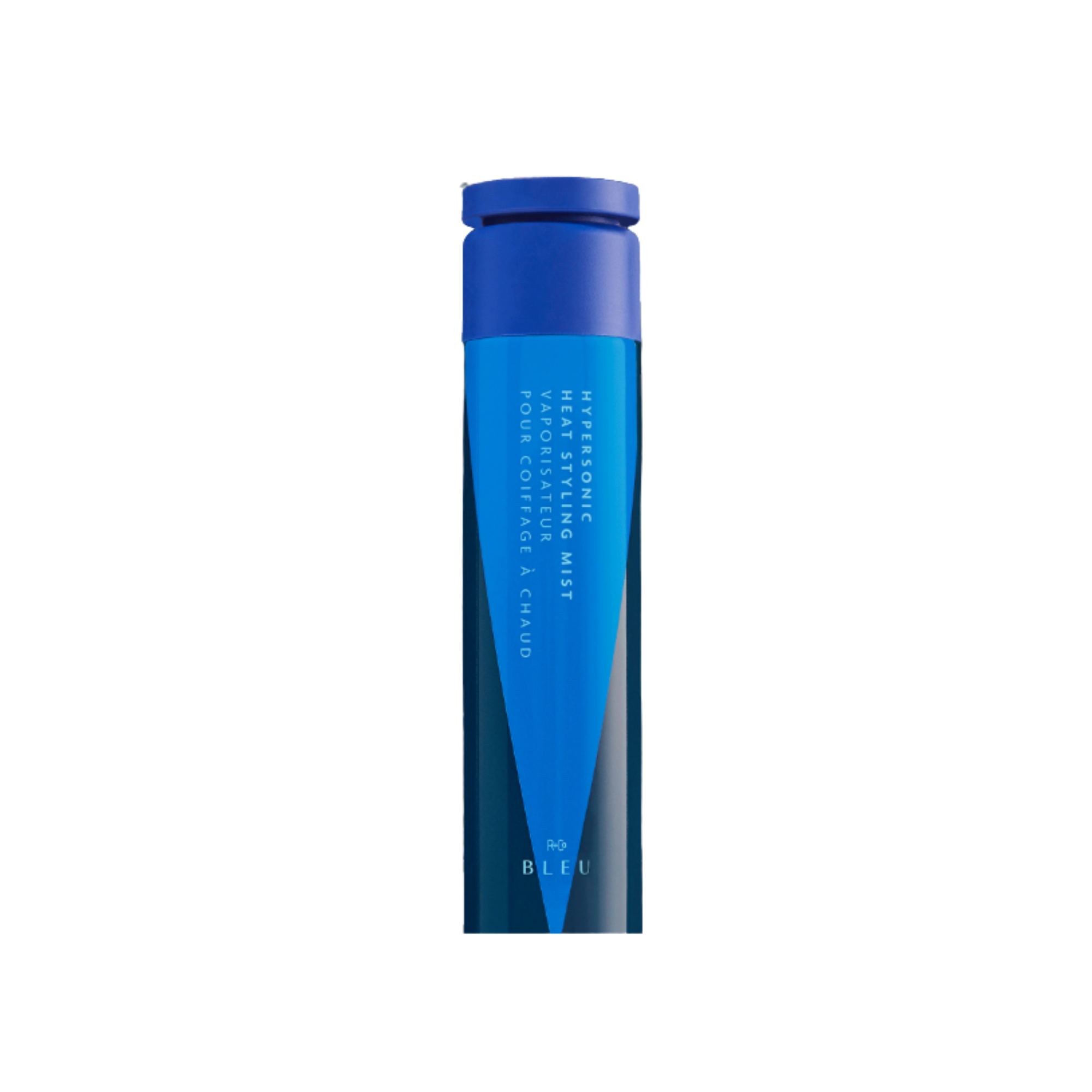 A blue cylindrical spray container labeled 'Hyperonic Heat Styling Mist Vaporizateur Pour Coiffage a Choud' with a blue cap, standing upright against a plain background.