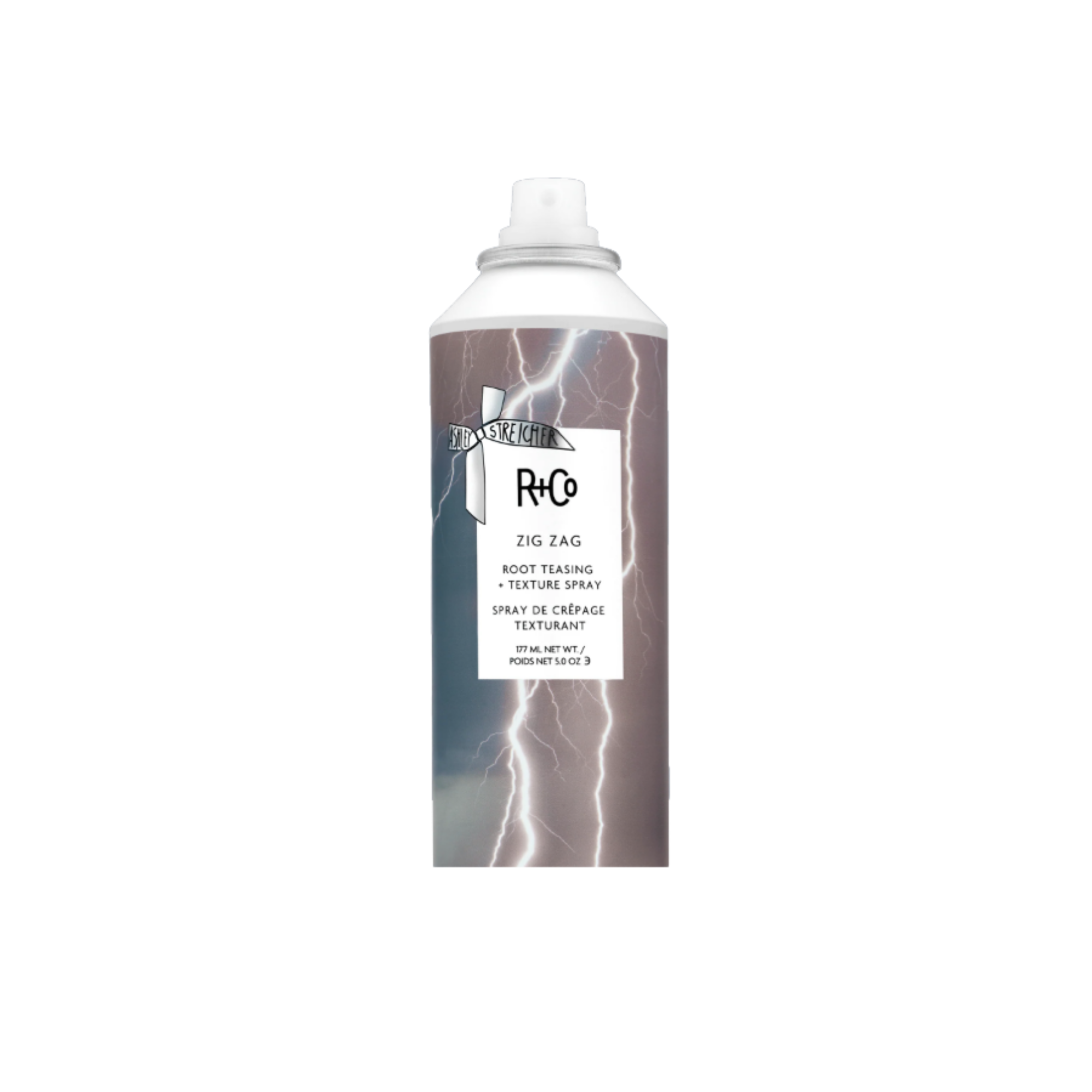 A can of texture spray with a lightning bolt design, labeled 'R + Co Zig Zag Root Teasing Texture Spray'.