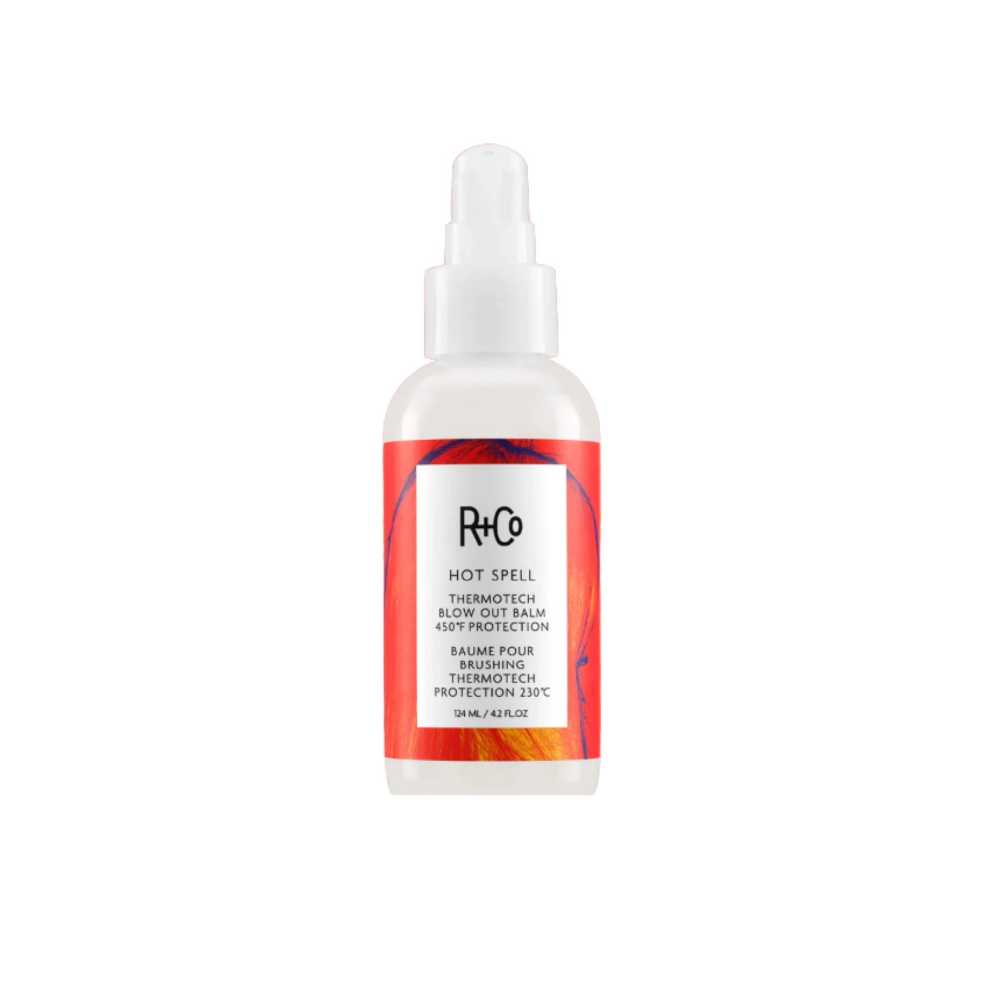 A white spray bottle labeled R+Co Hot Spell Thermotech Blow Out Balm with red and orange abstract design, containing 124 ml or 4.2 fl oz.