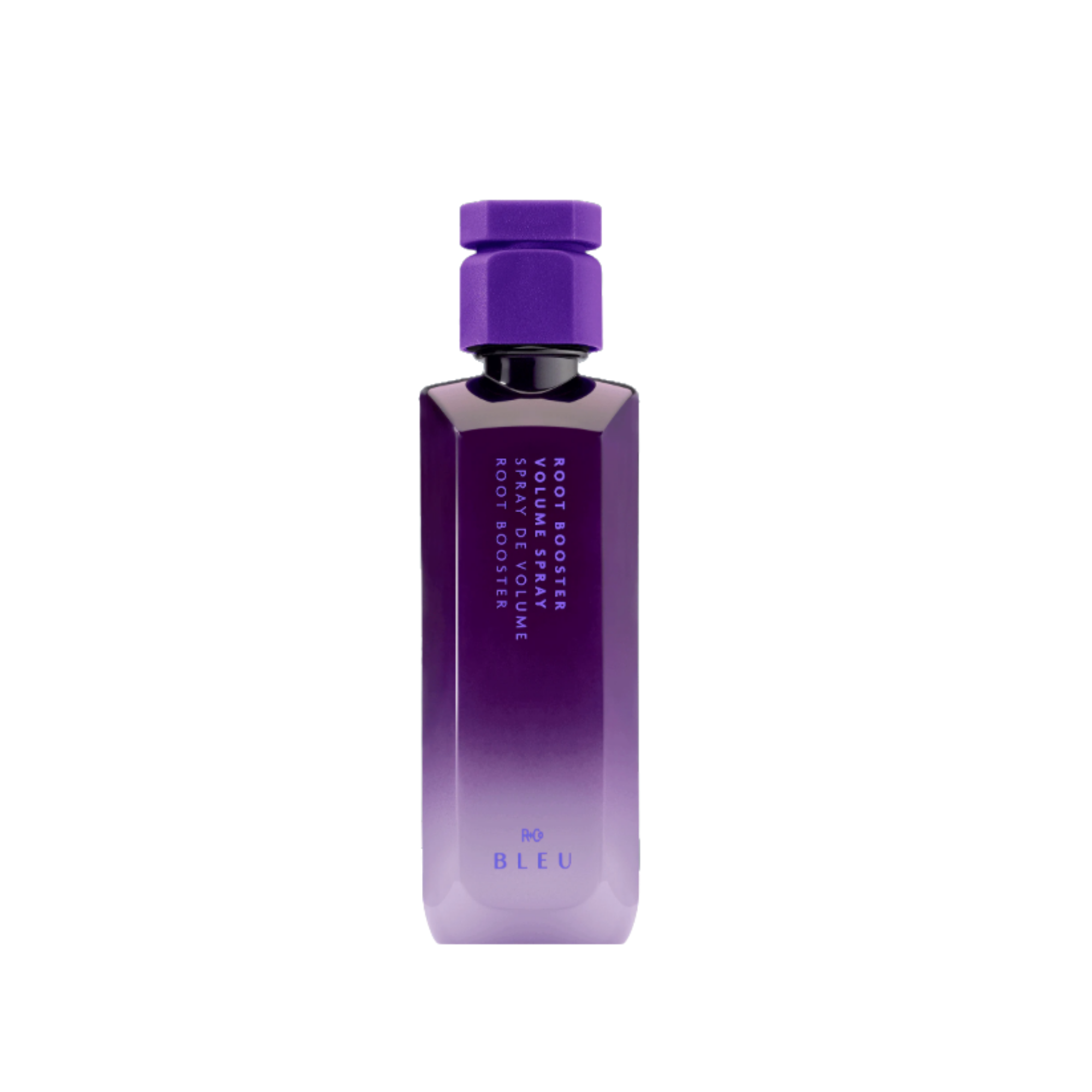 A purple bottle labeled 'Root Booster Volumize Spray' with a purple cap.