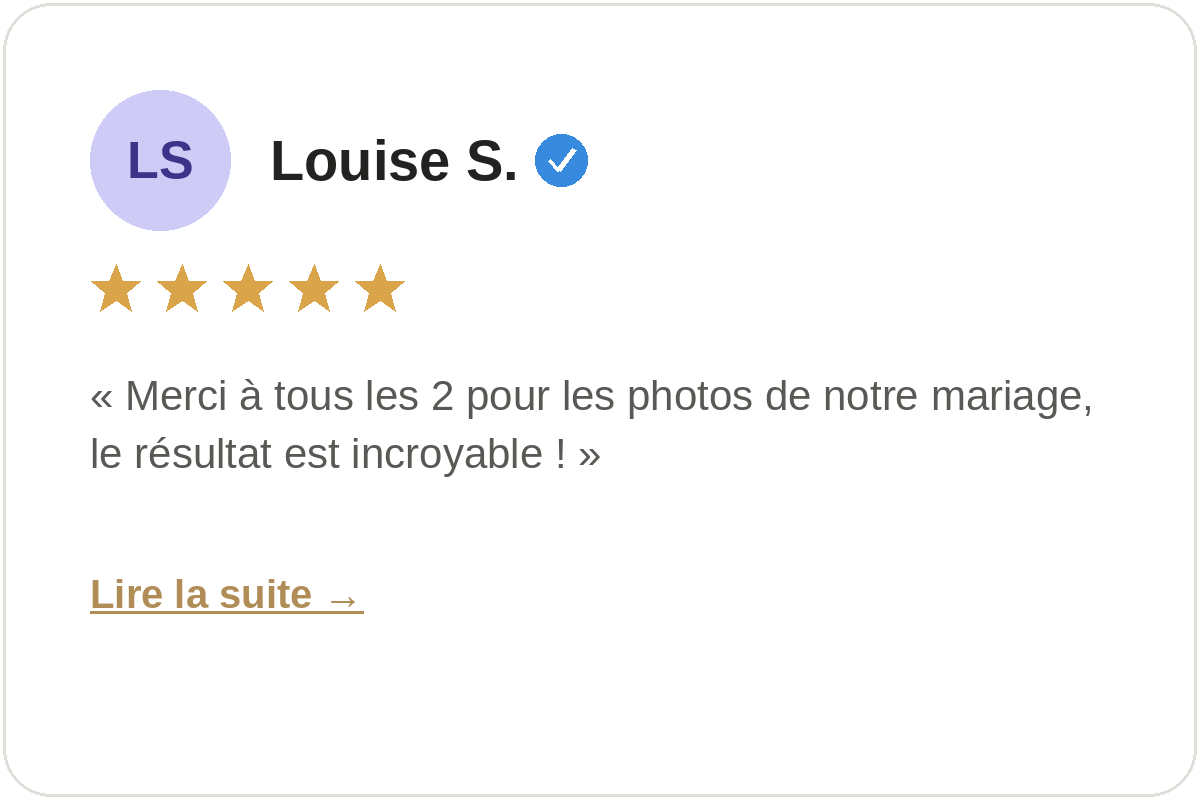Avis Google 5 étoiles de Louise S. sur un reportage photo de mariage avec Fabien Lefebvre Photographe en Martinique