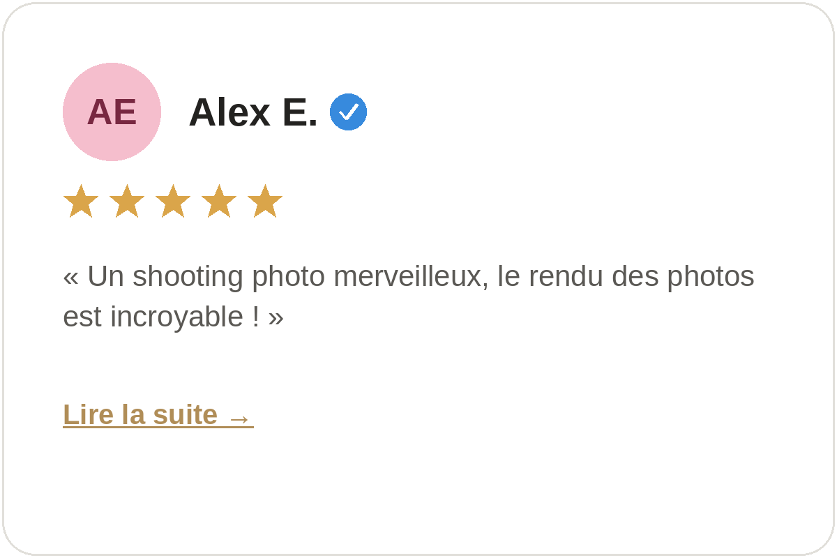 Avis Google 5 étoiles d'Alex E. sur un shooting photo avec Fabien Lefebvre Photographe en Martinique