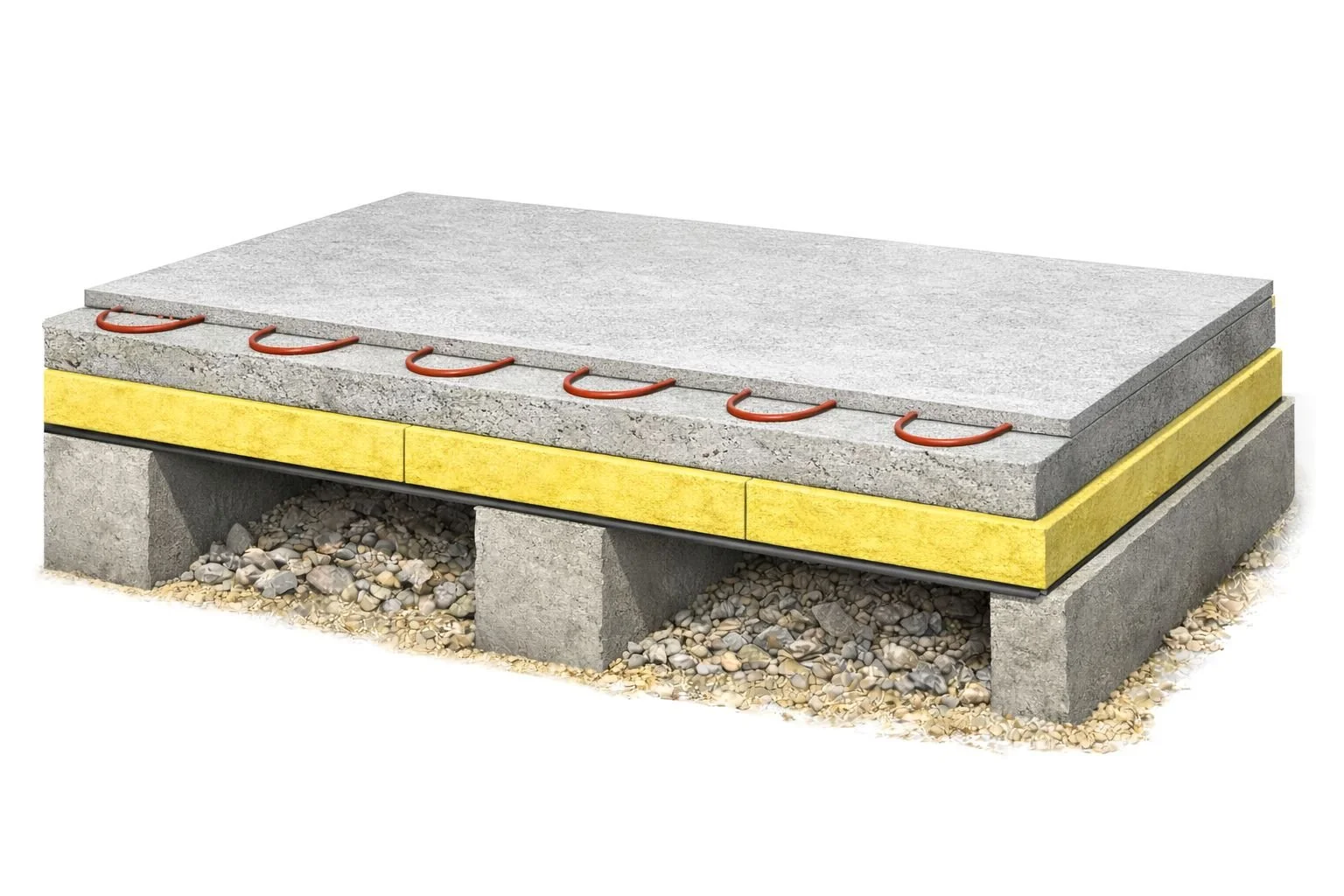 Cross-section illustration of a concrete slab with rebar reinforcement, insulation layer, and concrete blocks on a gravel bed, used for foundation construction.