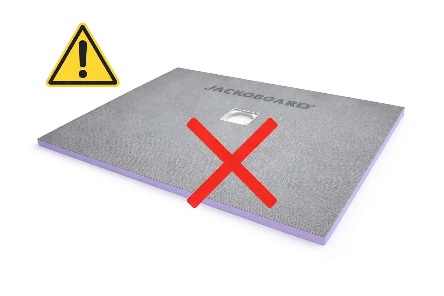 A gray wooden jackboard with the word 'JACKBOARD' printed on it, marked with a red cross, and a warning triangle with an exclamation mark in the top left corner.