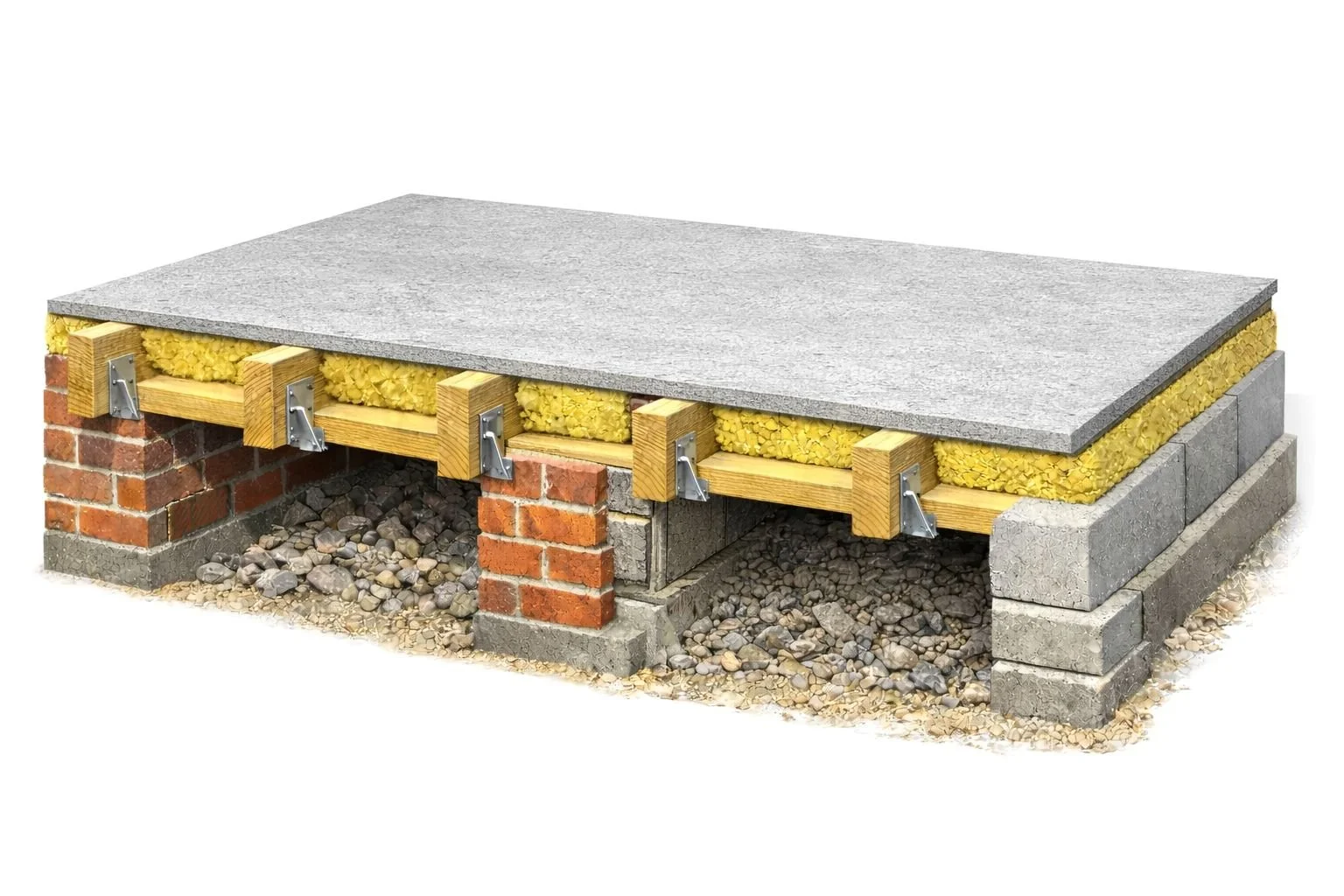 Cross-section of a building foundation showing concrete, brick, and wood framing, insulation, and gravel base.