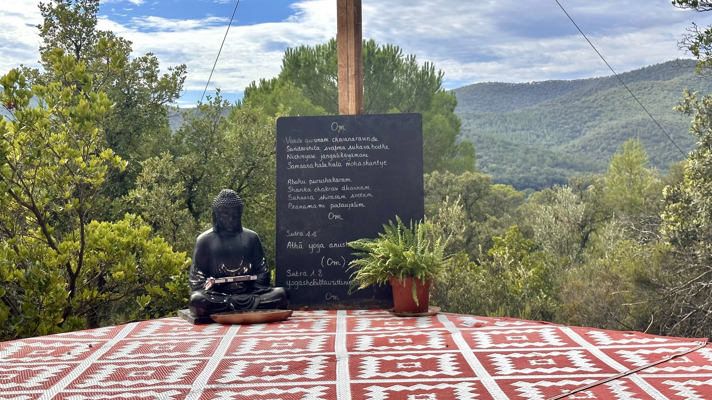 Espace de pratique de yoga extérieur ombragé d’environ 30 m², avec vue sur la nature, au cœur de la Provence.