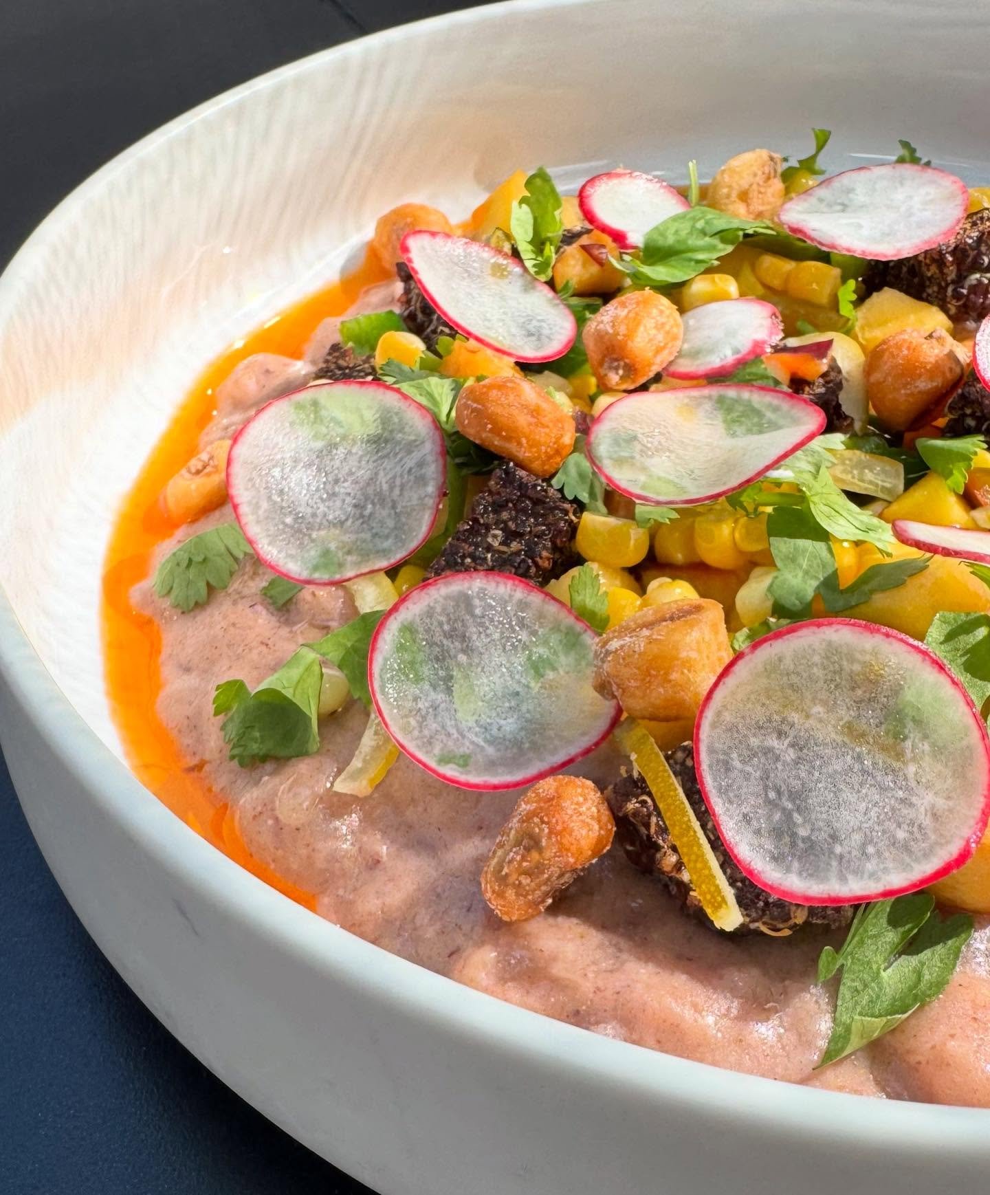 ATOLE DE GRANO
masa harina, blue and white corn posole, fresh corn, poblano, peach, preserved lime, cilantro, crispy quinoa 
on the dinner menu served thurs - sat