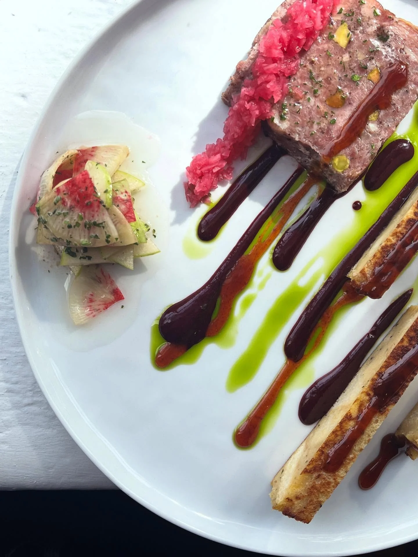 Country pâté (or terrine, or rillette - it’s something) pork, duck, liver: elderberry preserve, apple/radish w/hot mustard, pickled onion, cider jimmy jam, rosemary bread pudding french toast dippers 
On line tomorrow