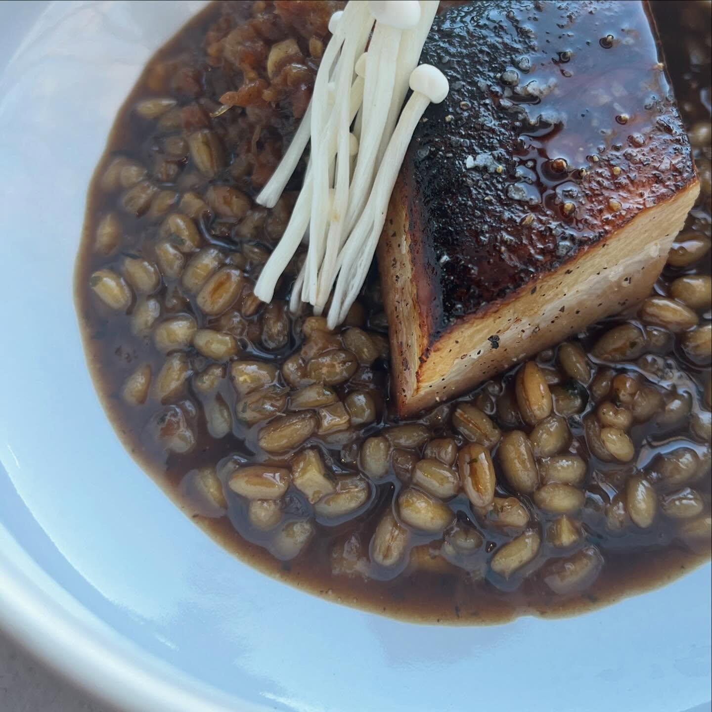 Course three:
Koji pork belly: stewed barley, XO sauce, enoki . . . ridiculous