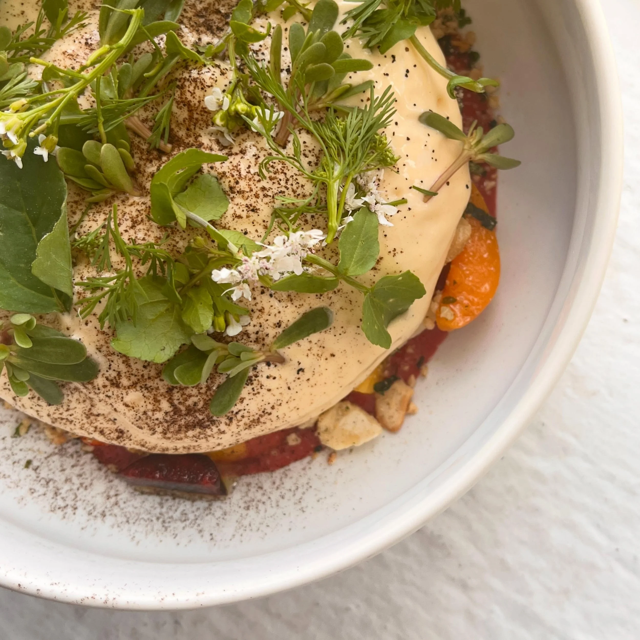 stone fruit: apricot, peach, nectarine, cherry, plum dressing, cashew+nori, corn husk espuma, wild herbs