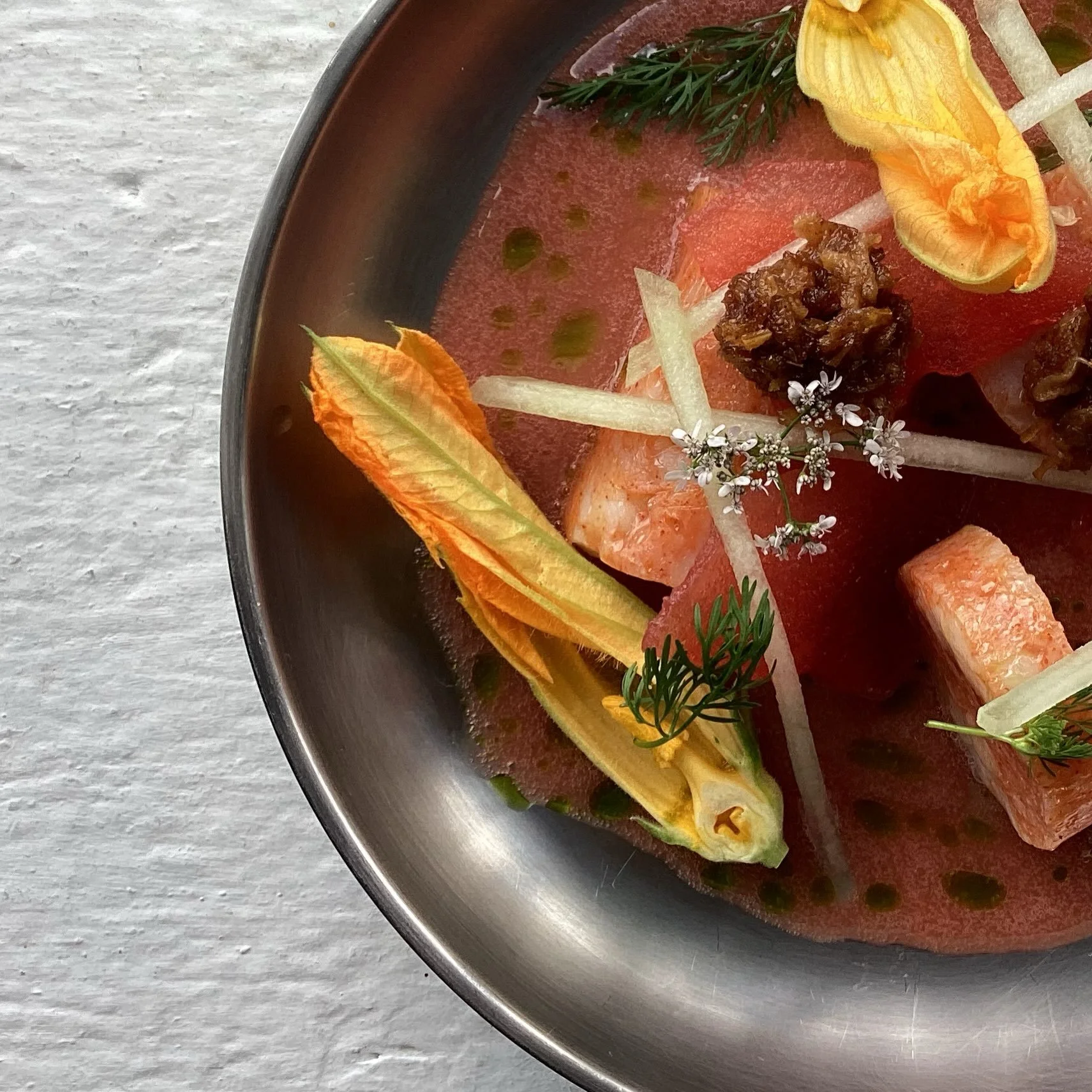 Shrimp sausage: XO, watermelon, honeydew, cilantro, squash blossom 

On tonight