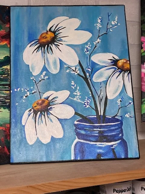 Daisy and Blue Vase 12x16